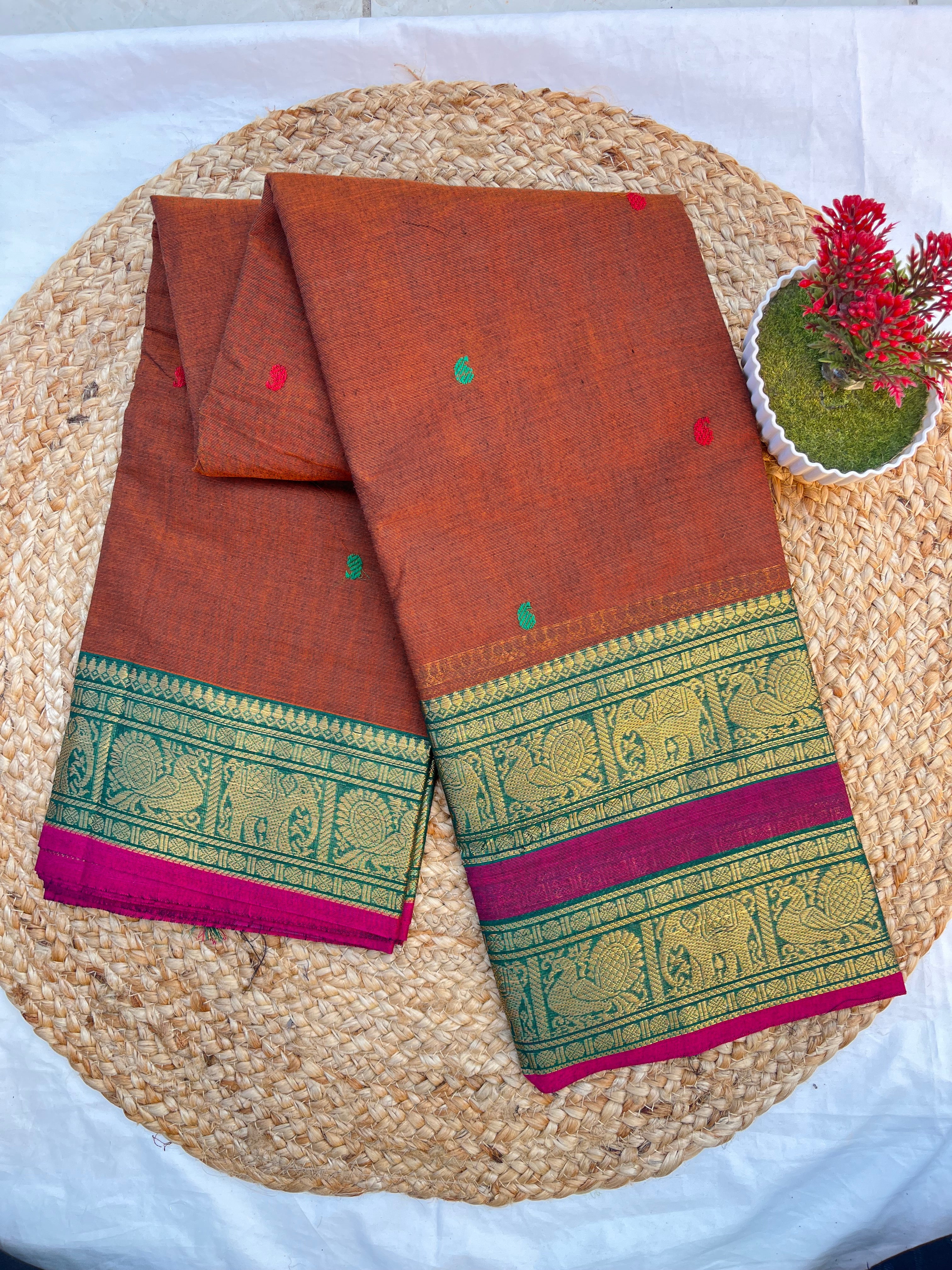 Chettinad cotton brown & green butta