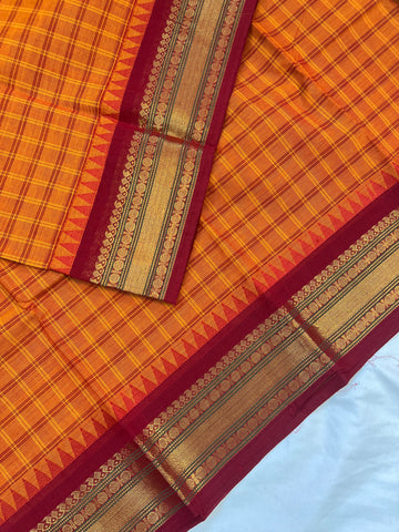 Chettinad cotton saree-orange & brown  korvai check ￼