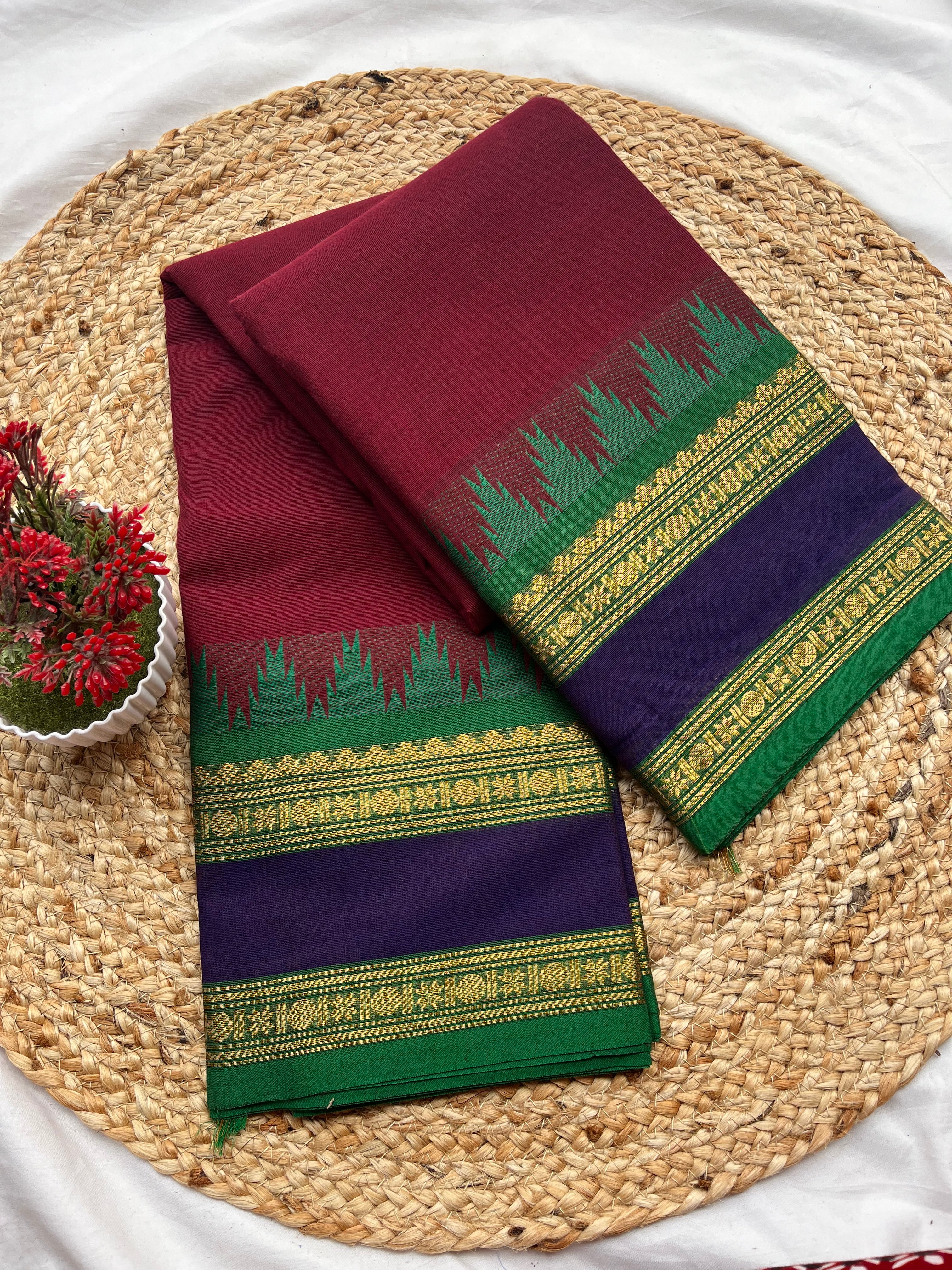 Chettinad cotton maroon & green blue-Plain