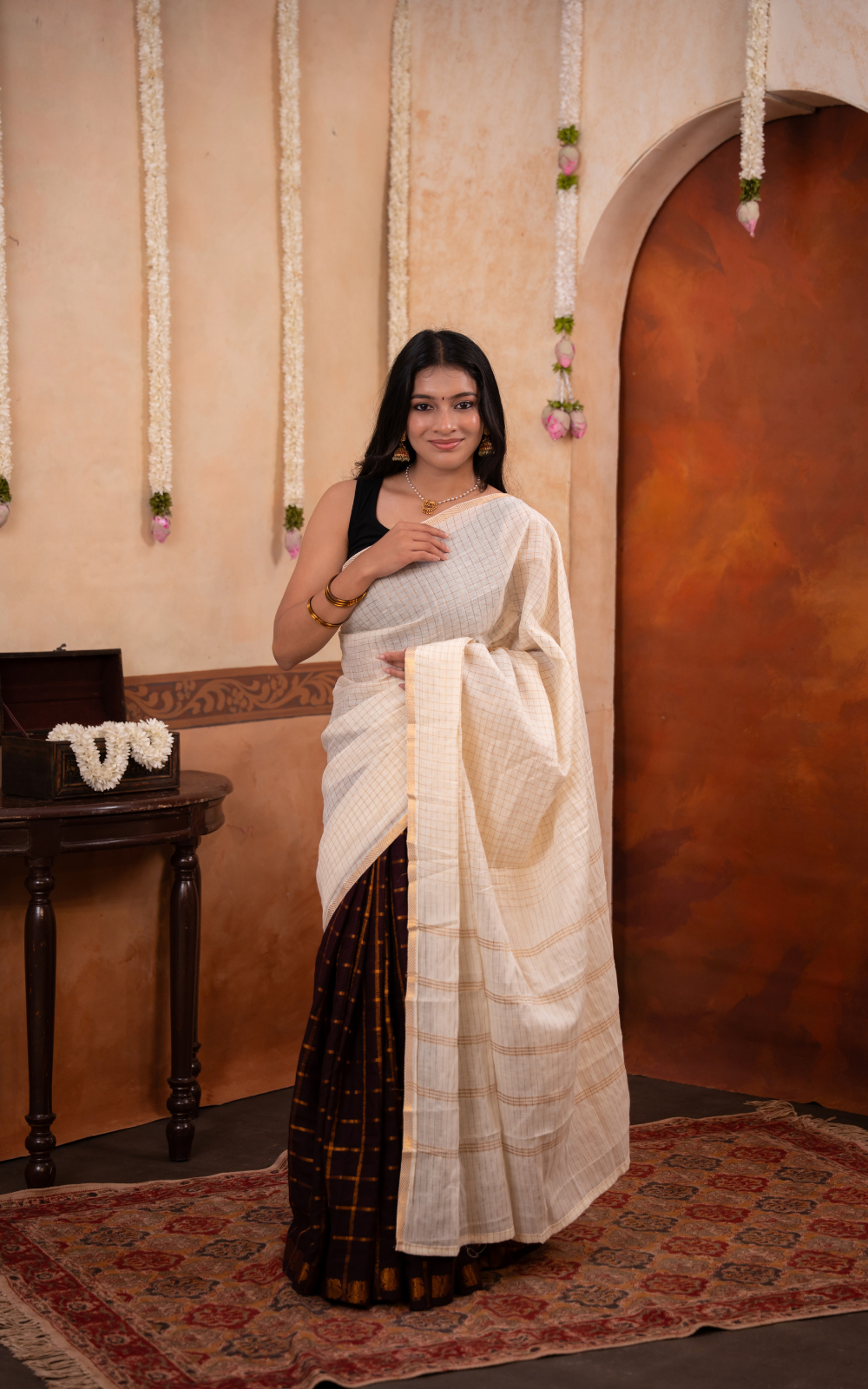 Sungudi fusion collection - OffWhite and Maroon