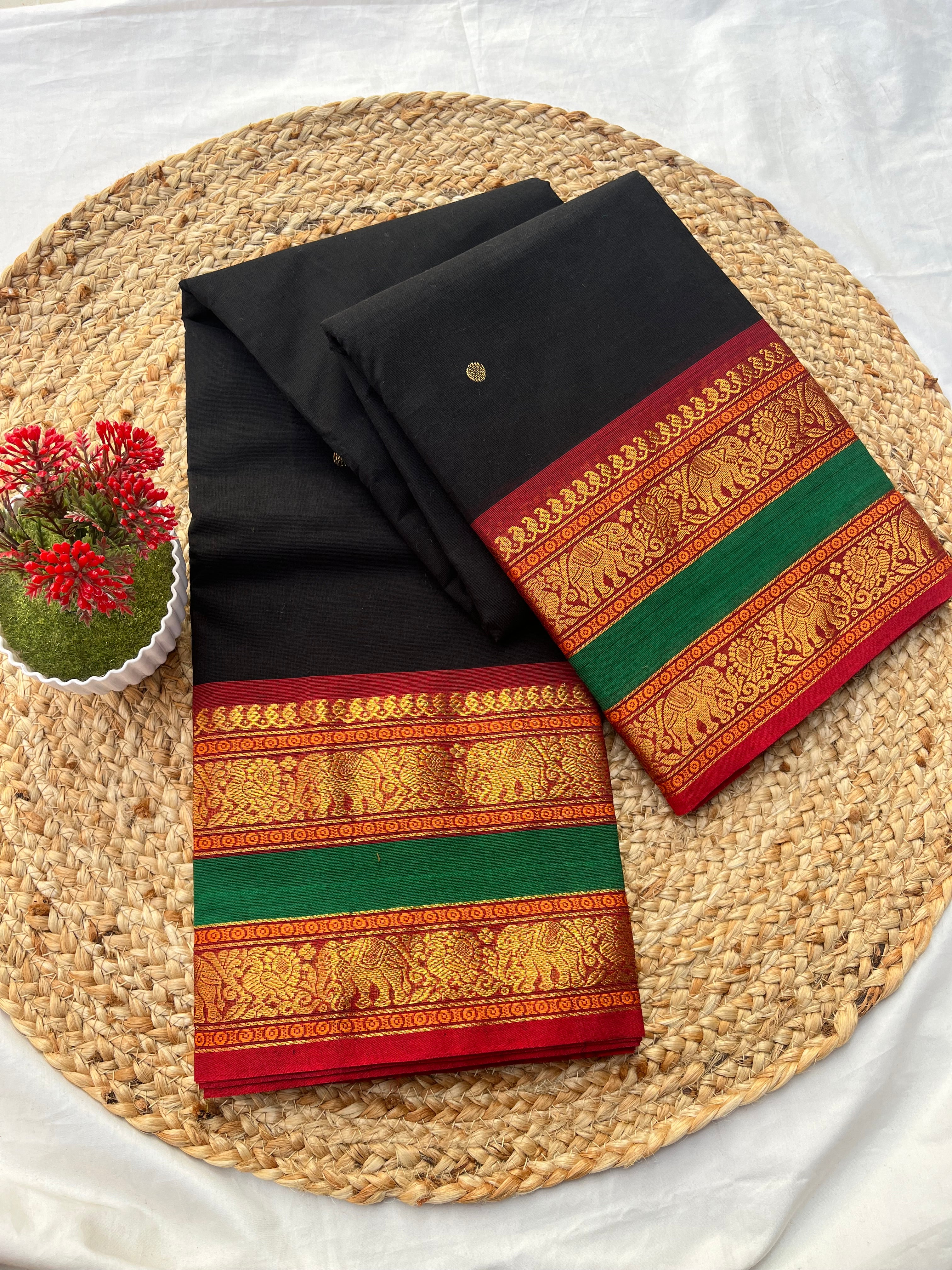 Chettinad cotton black & red green-butta