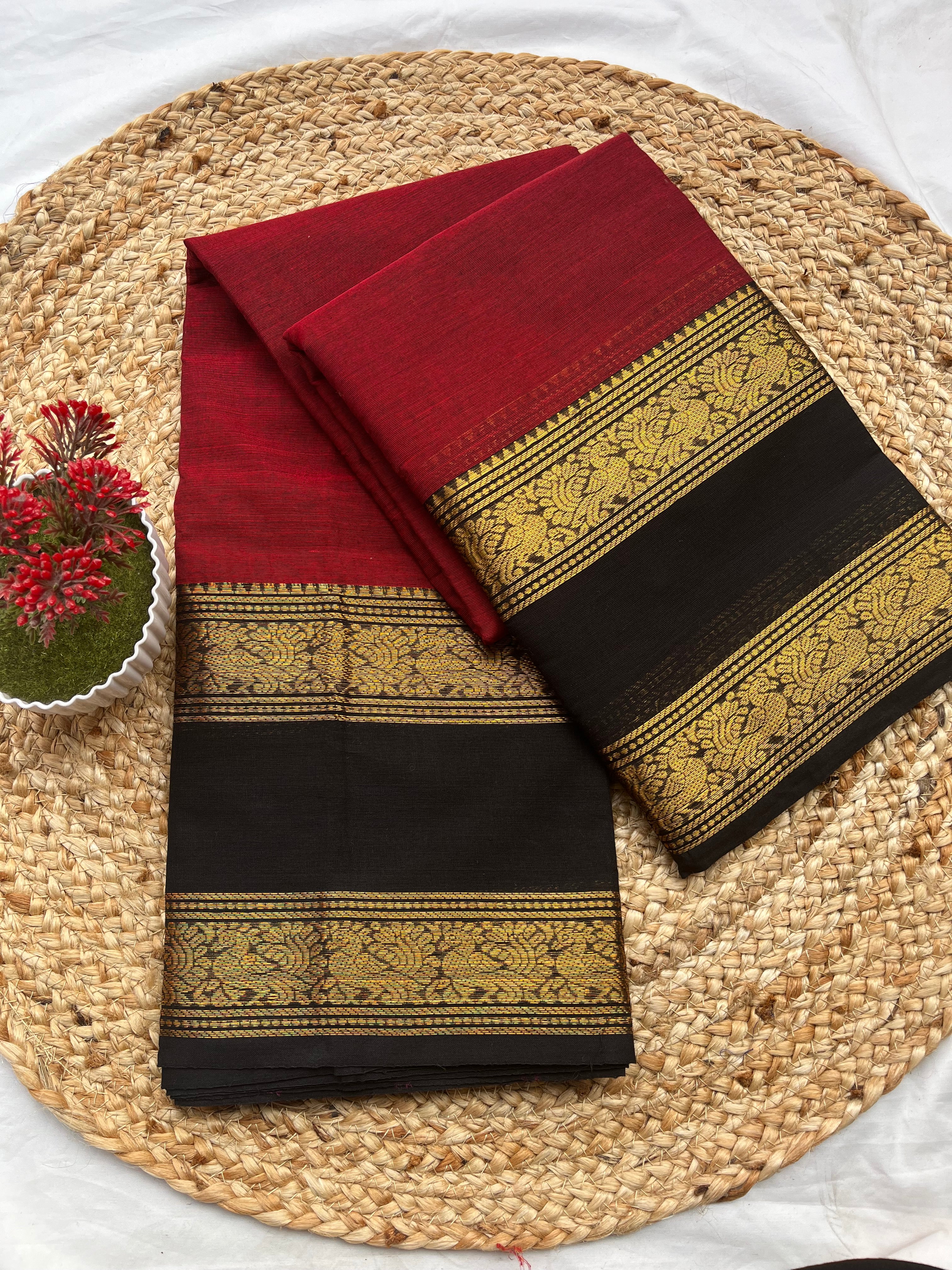 Chettinad cotton maroon & black-Plain