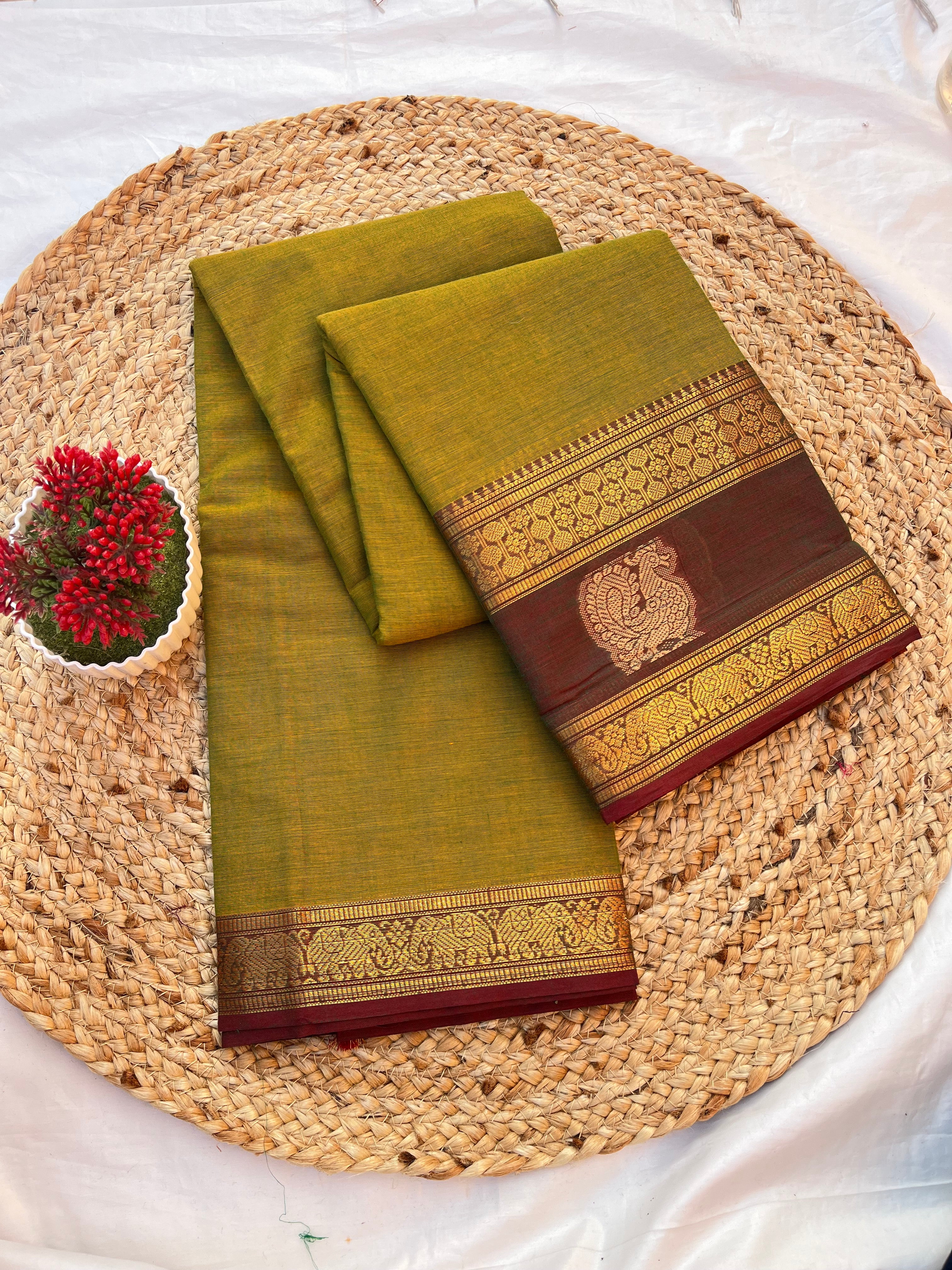 Chettinad cotton mustard green & olive green-annam butta