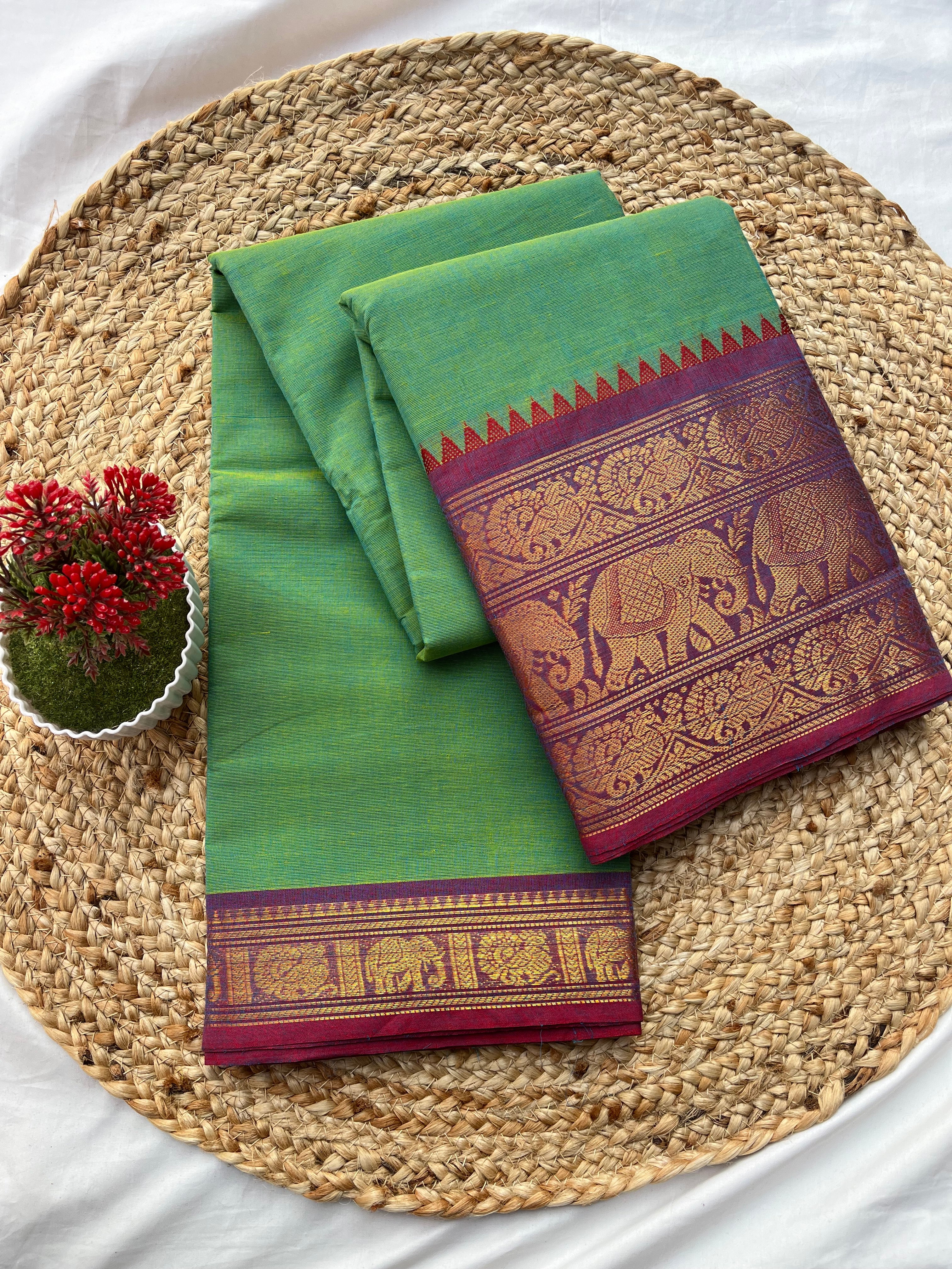 Chettinad cotton pastel green & purple-horse plain