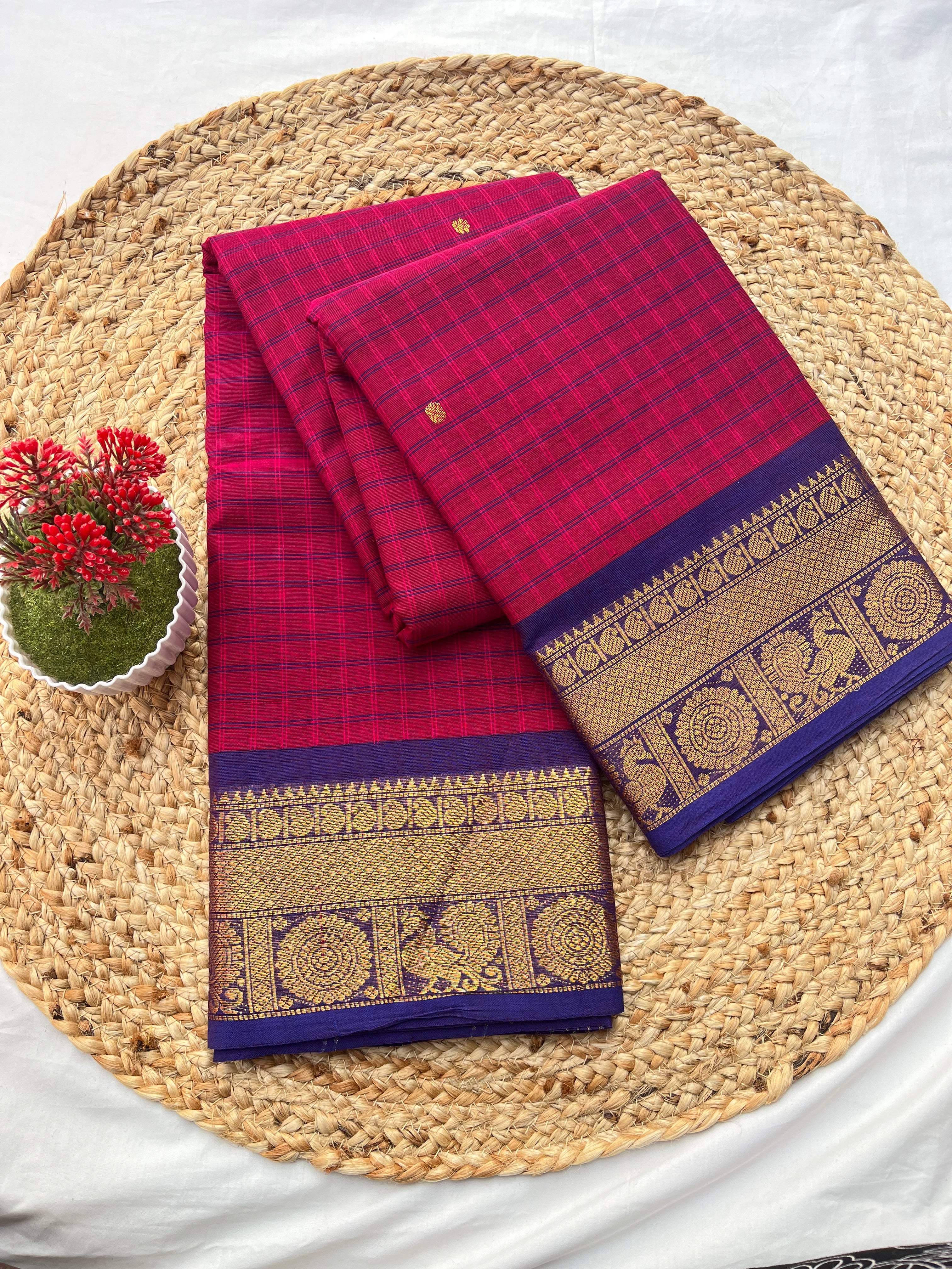 Chettinad cotton pink & blue-korvai checks butta