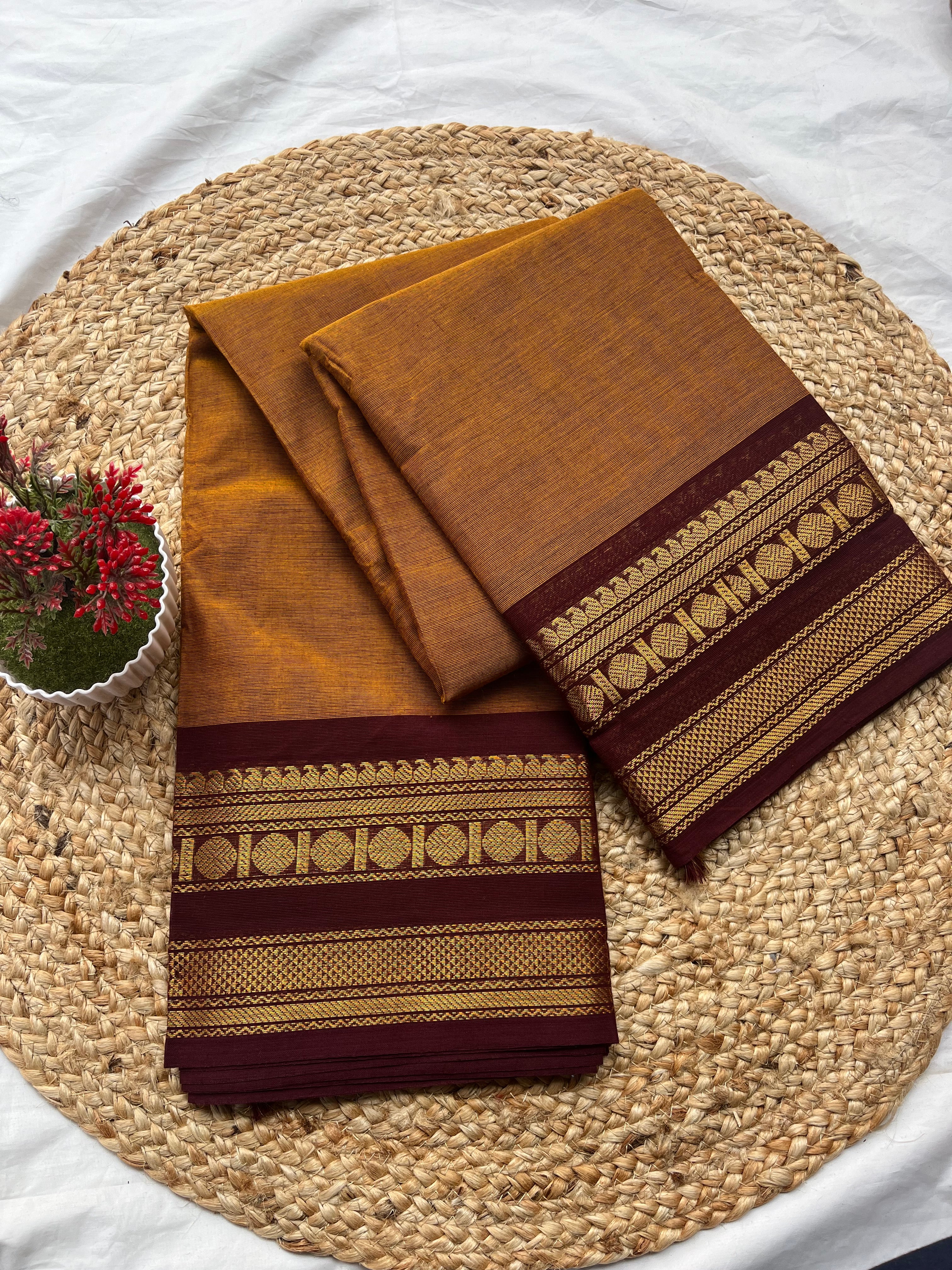 Chettinad cotton mustard yellow & maroon-Plain
