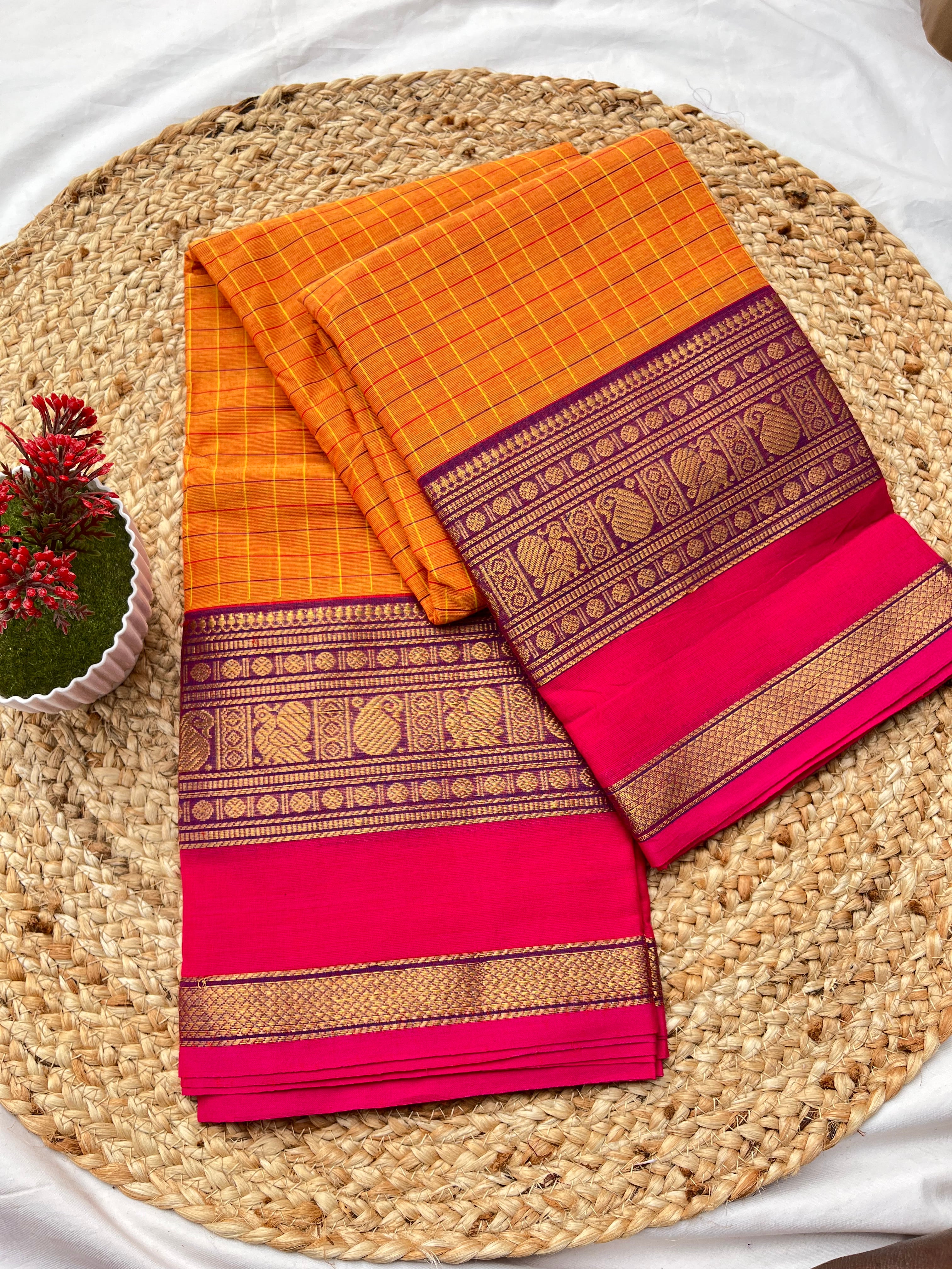 Chettinad cotton orange & pink-korvai checks