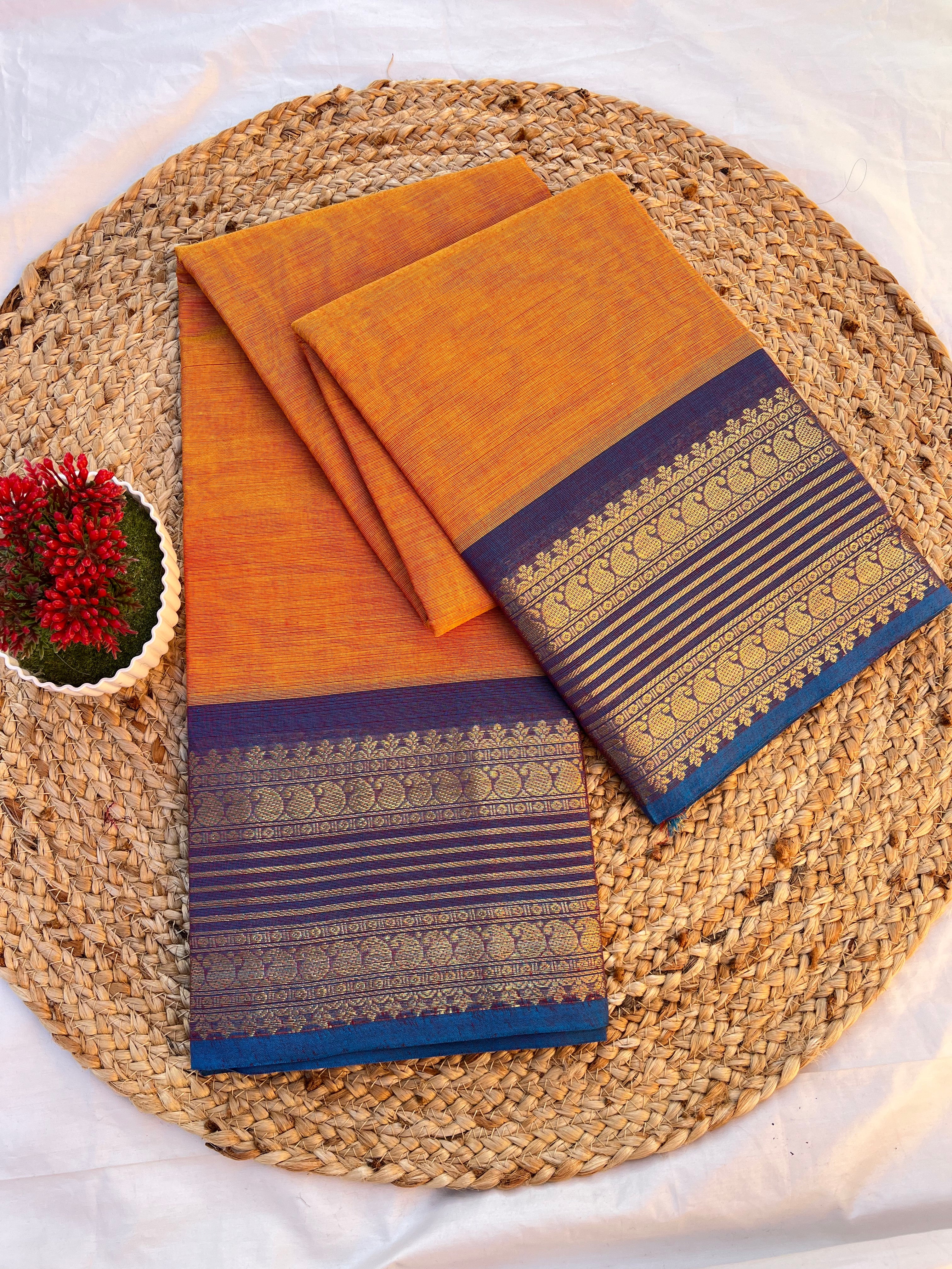 Chettinad cotton yellow & blue-line Plain