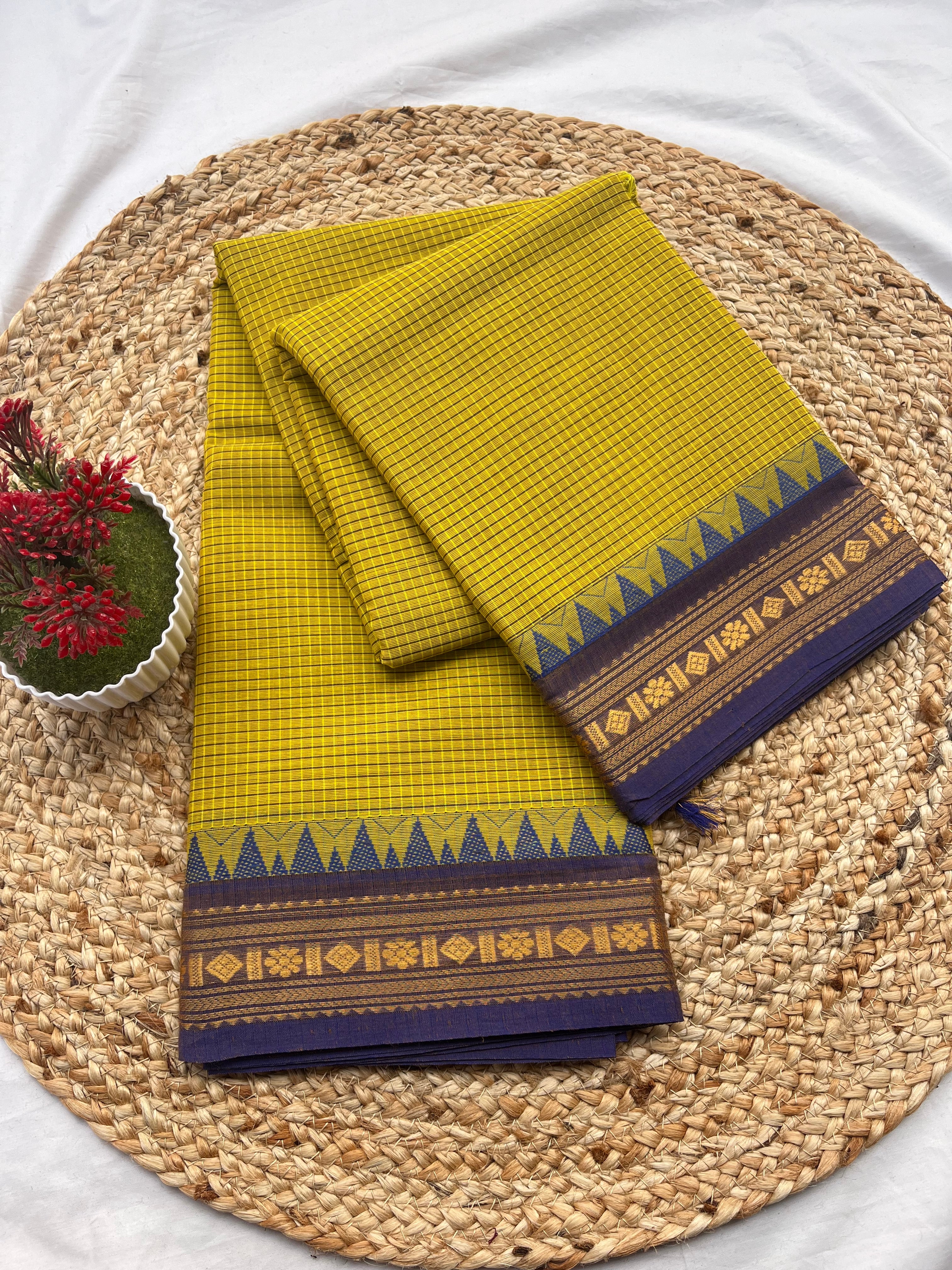 Chettinad cotton lemon yellow & blue-korvai checks