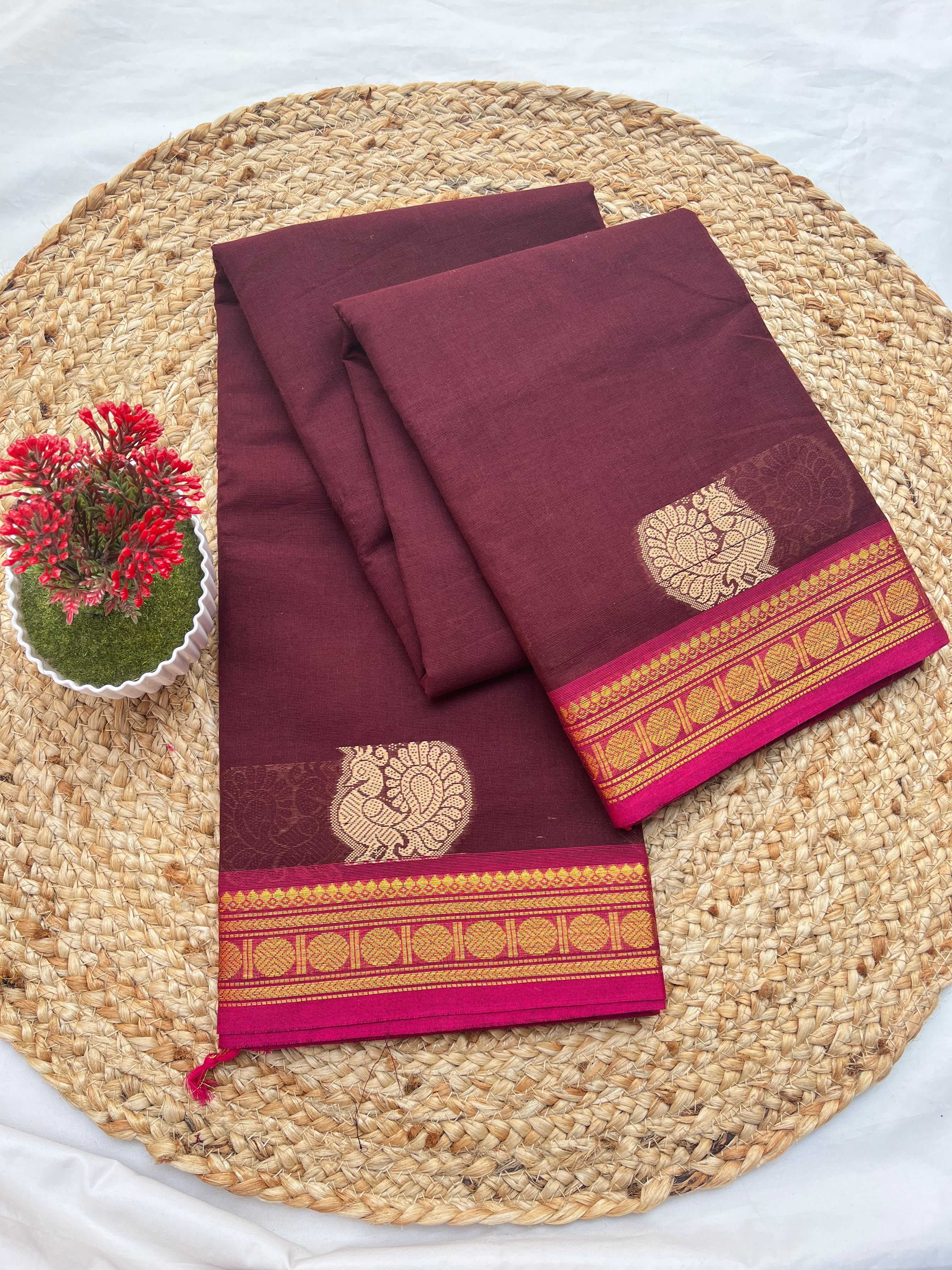 Chettinad cotton coffee brown & pink-annam butta