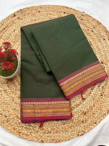 Chettinad cotton olive green & pink-Plain