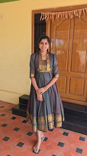 Chettinadu long Gown With Overcoat-Charcoal Grey with Antique Gold