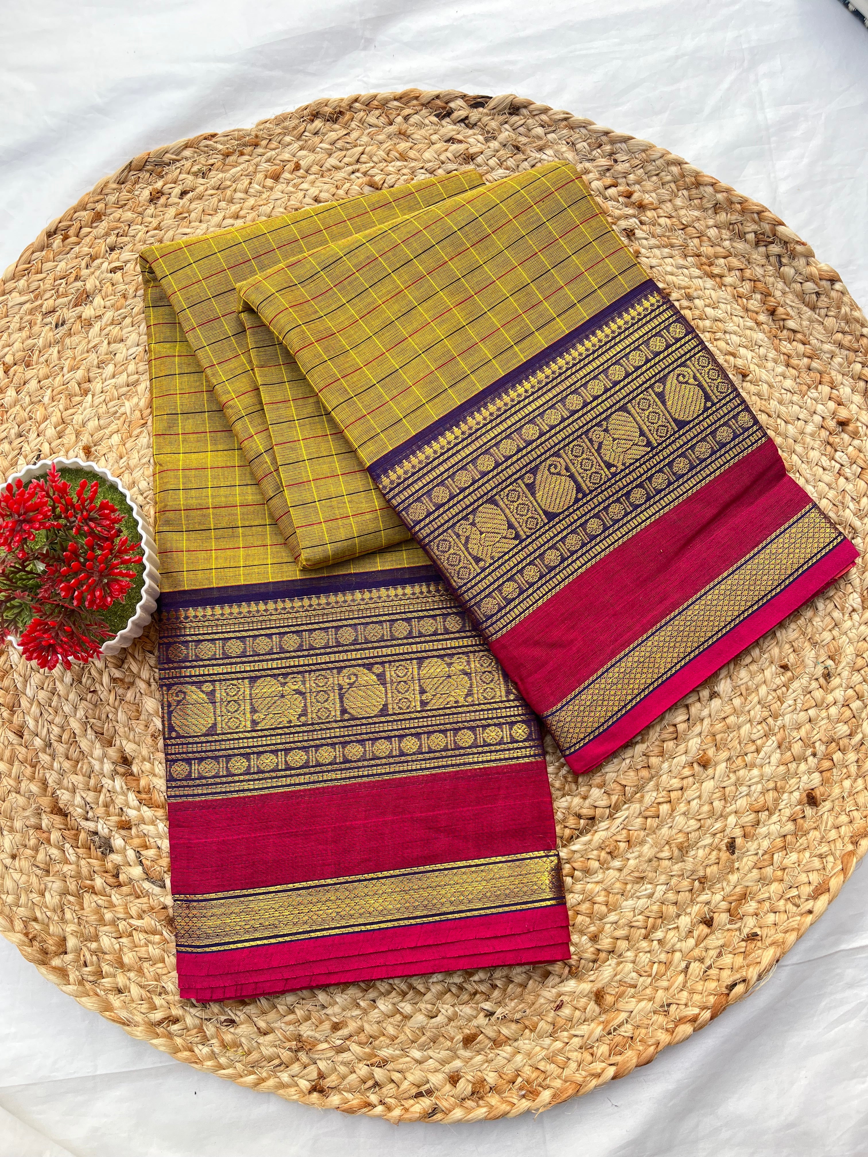 Chettinad cotton green & pink-Korvai checks