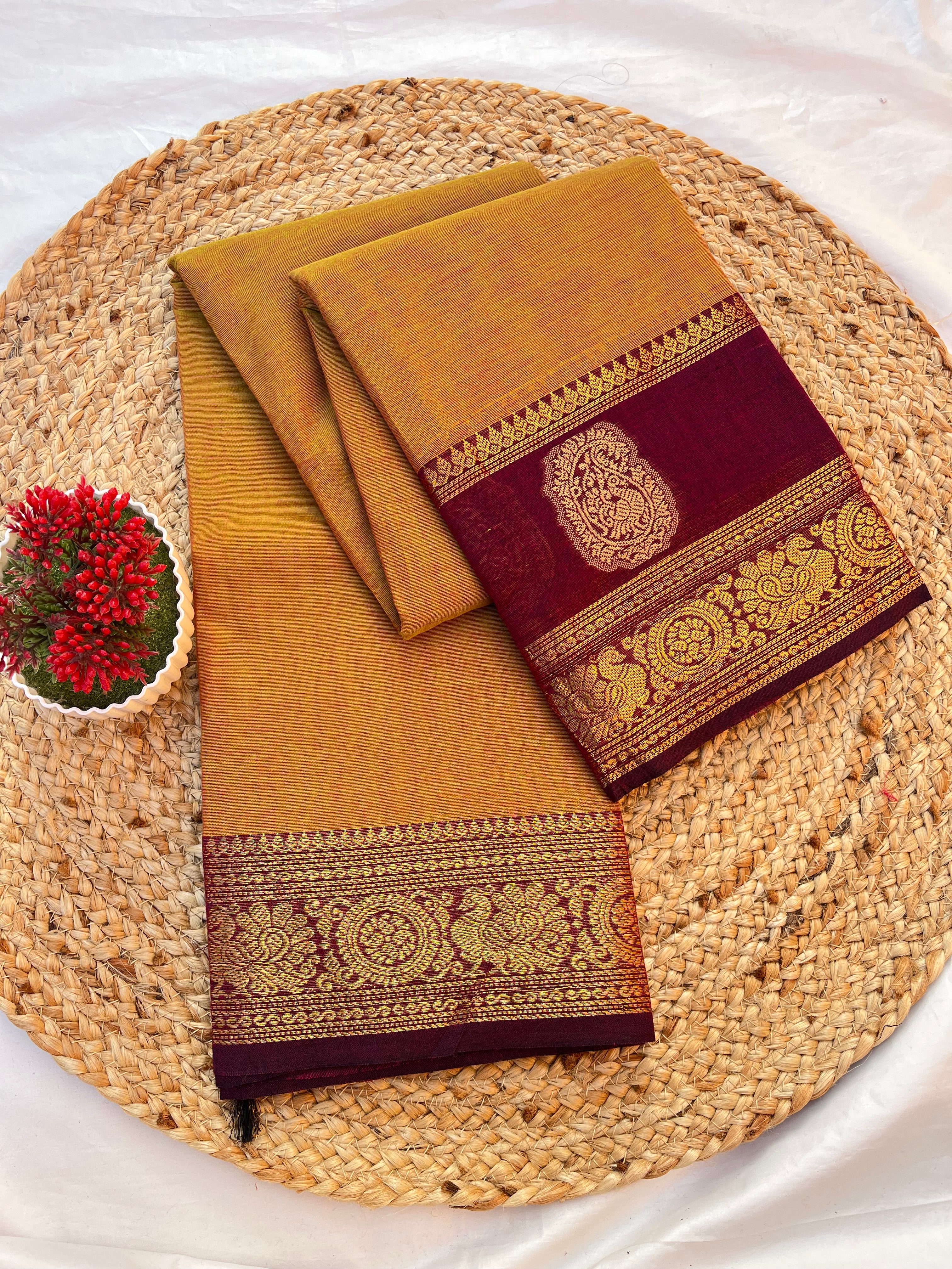 Chettinad cotton mustard Orange & maroon-annam butta