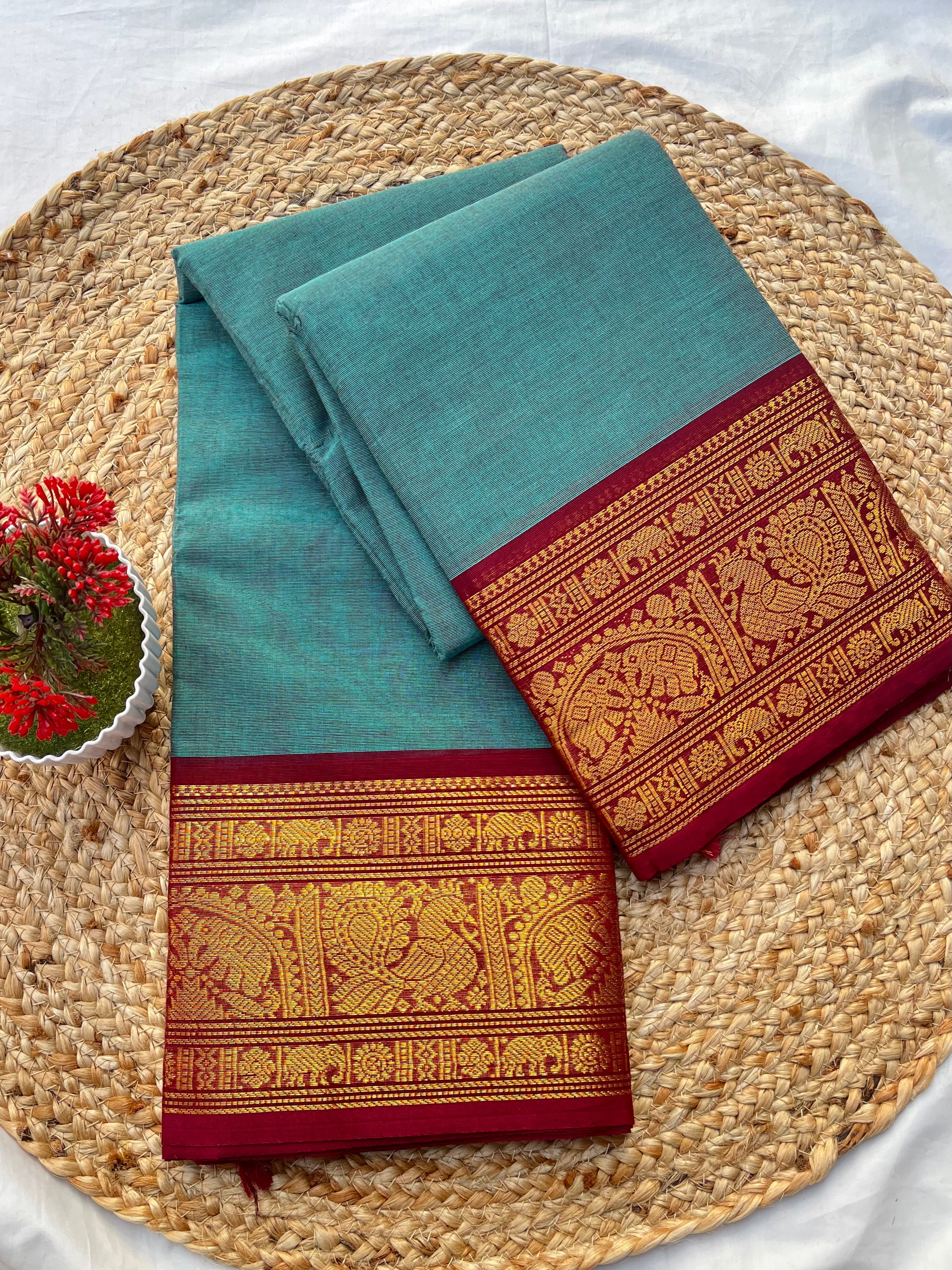 Chettinad cotton teal blue & maroon-plain