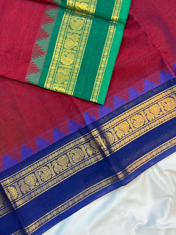 Chettinad cotton saree- red g&j -plain