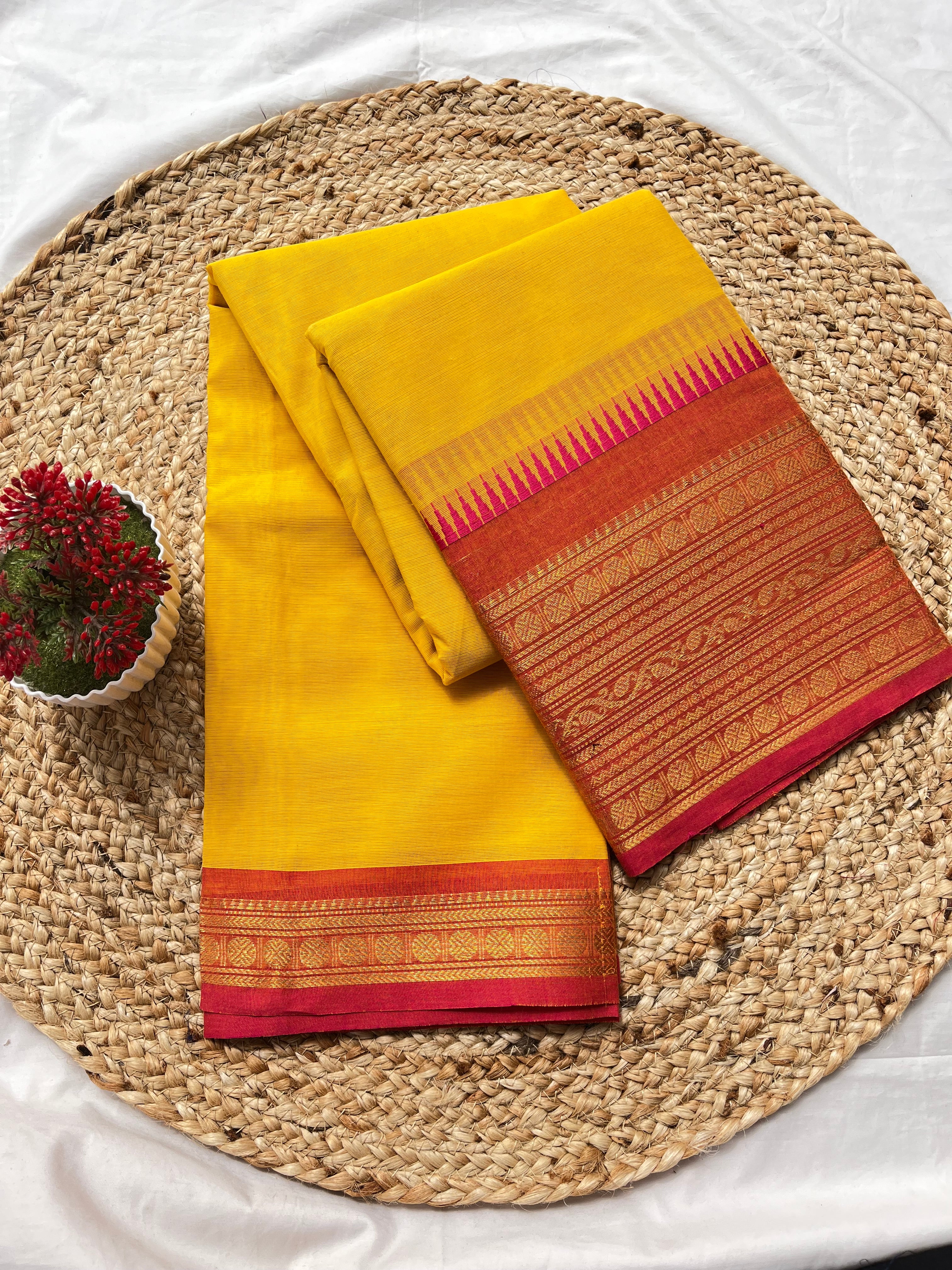 Chettinad cotton lemon yellow & orange-Plain