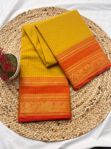 Chettinad cotton lemon yellow & orange-korvai checks