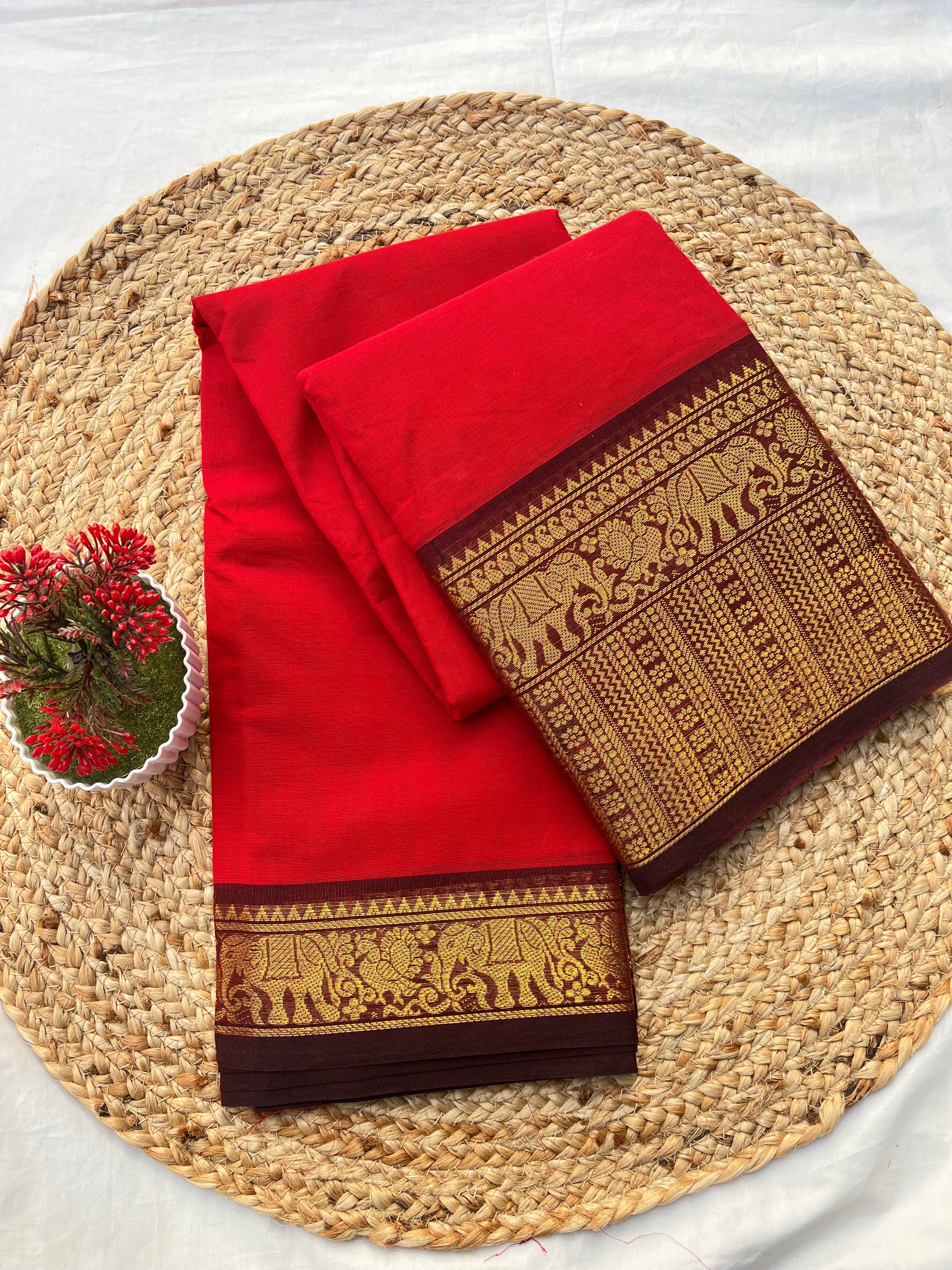 Chettinad cotton Red & maroon-horse Plain