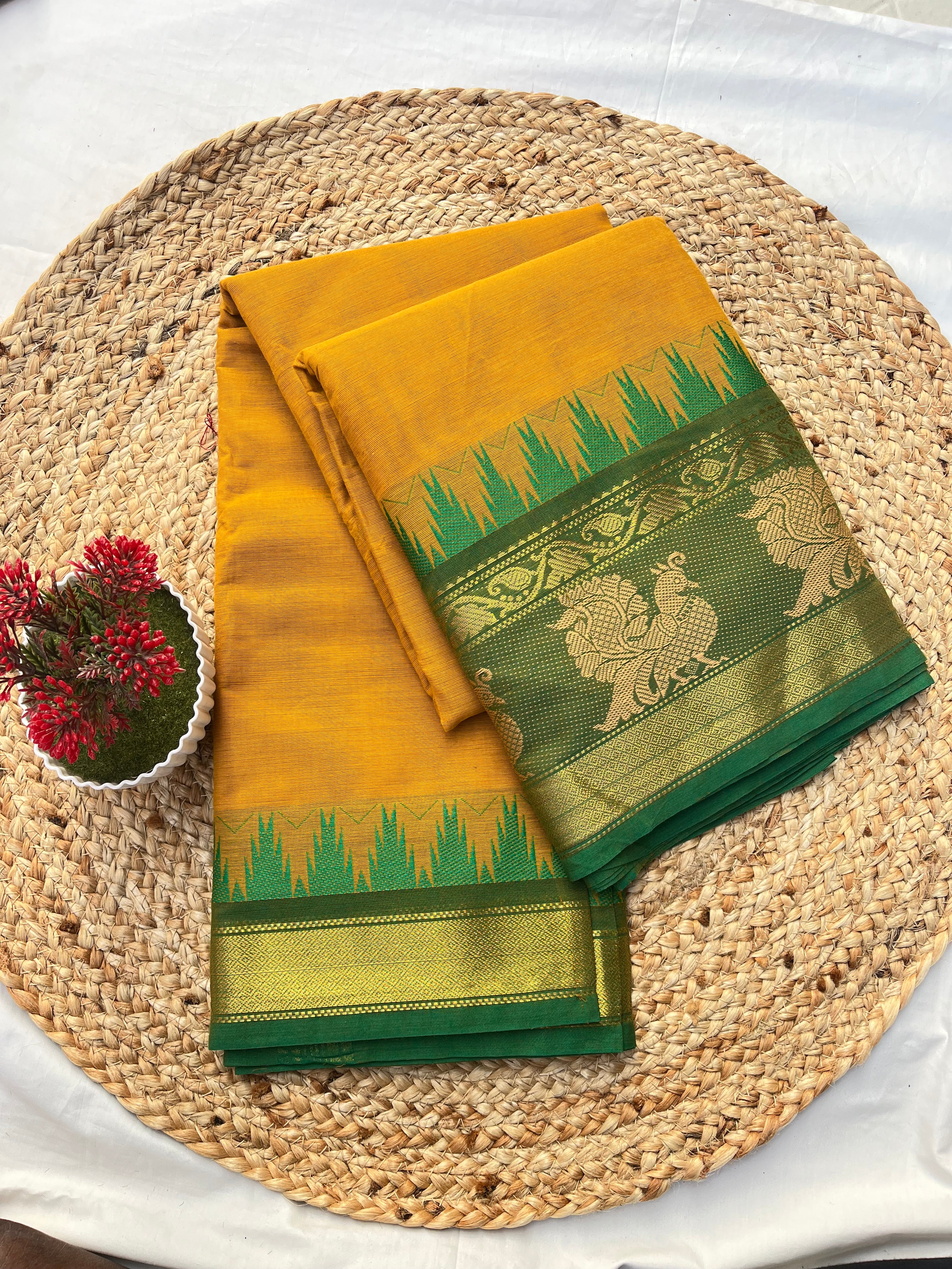 Chettinad cotton yellow & green annam-Plain offer
