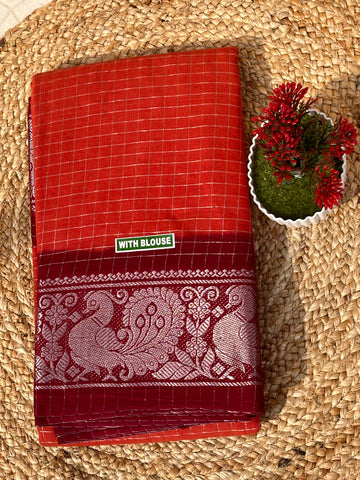 Sungudi cotton orange & maroon silver jari
