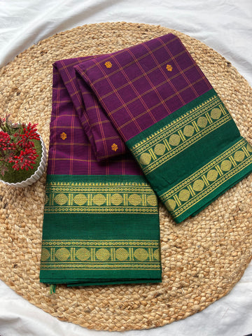 Chettinad cotton Purple & green-checks butta