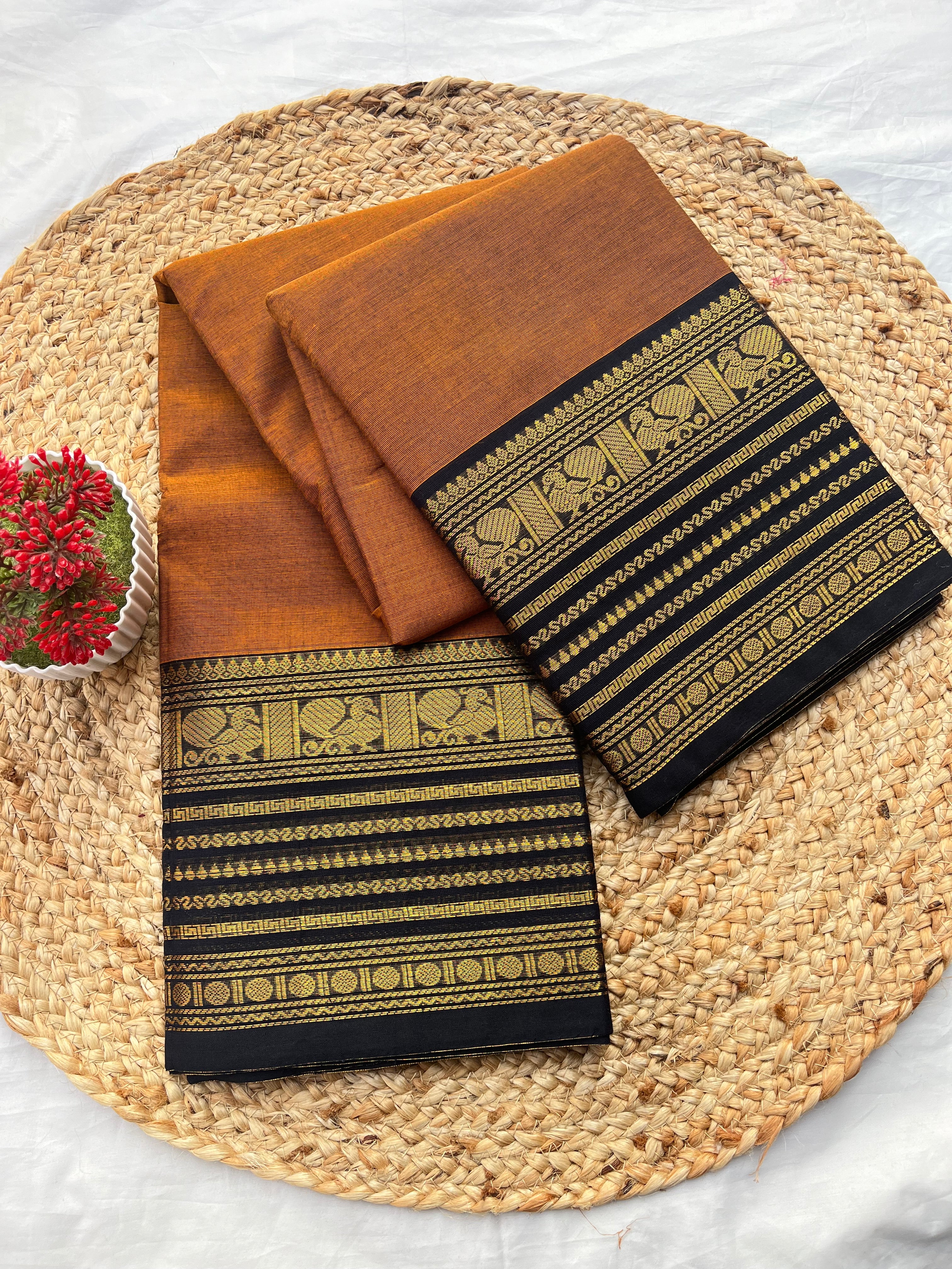 Chettinad cotton mustard brown & black-plain