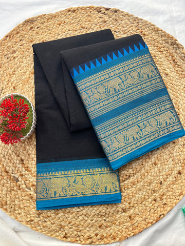 Chettinad cotton Black & Blue-double border Plain