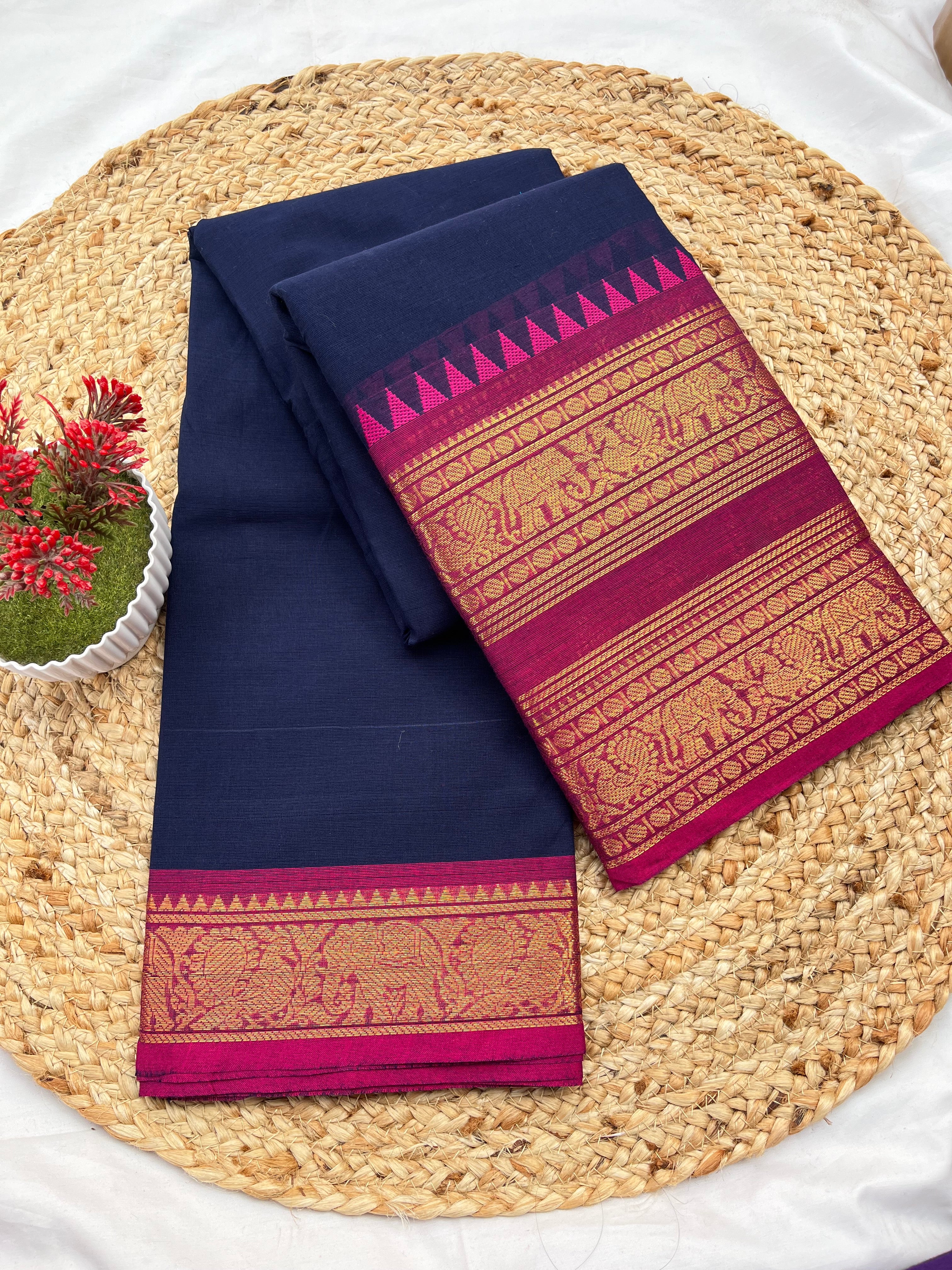 Chettinad cotton dark blue & Pink-double border