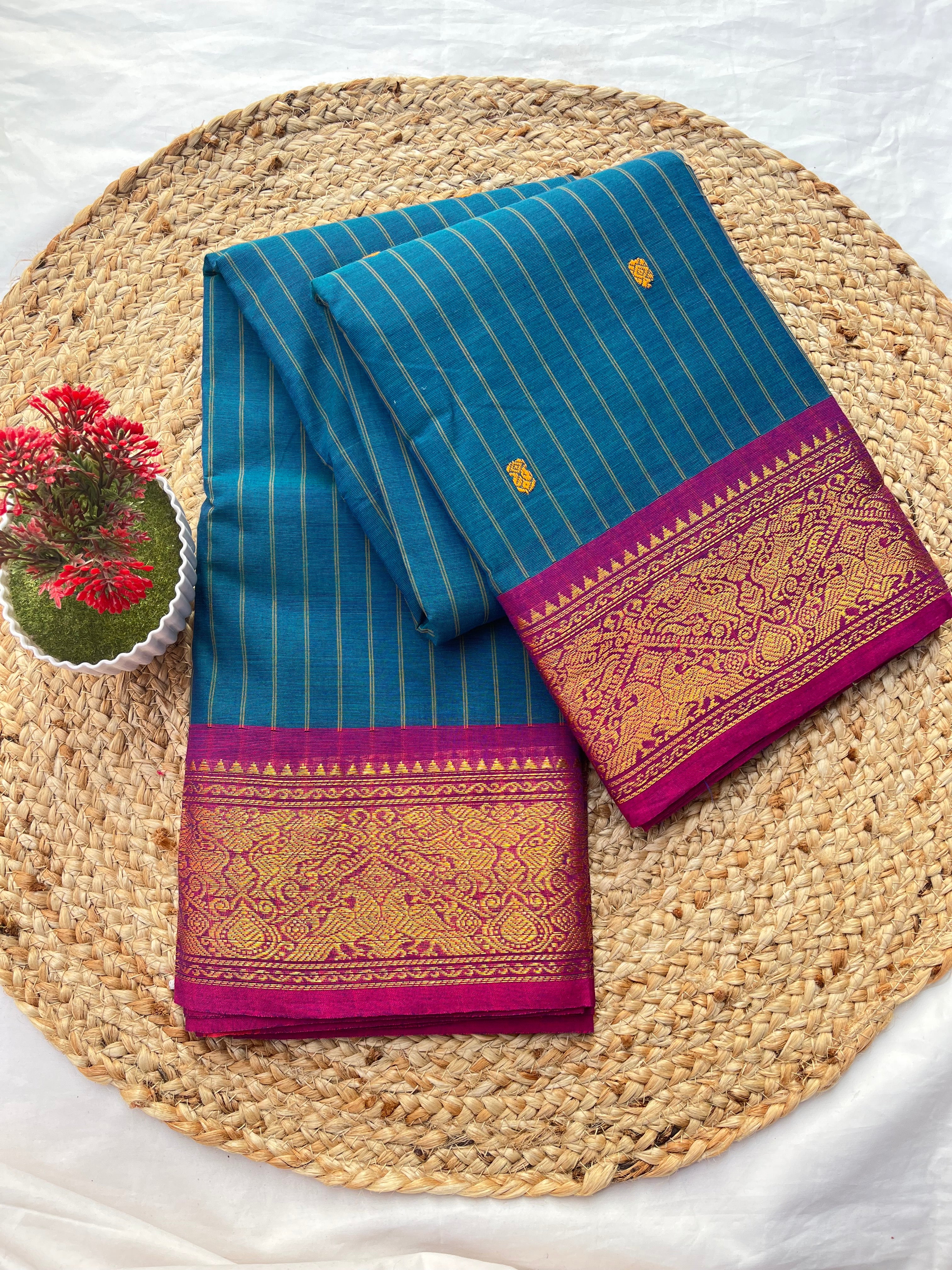 Chettinad cotton teal blue & pink-strips butta