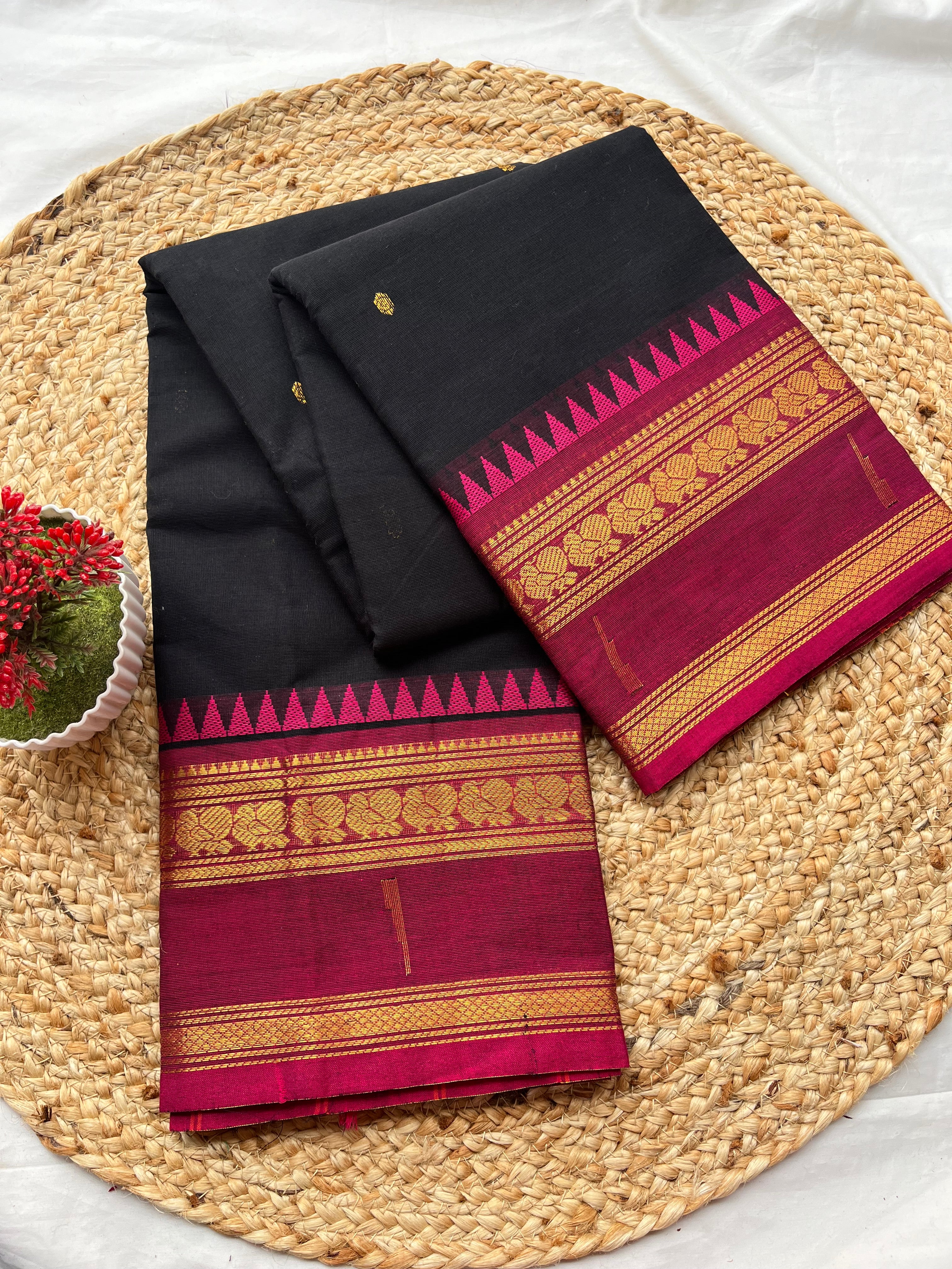 Chettinad cotton black & pink-gab butta