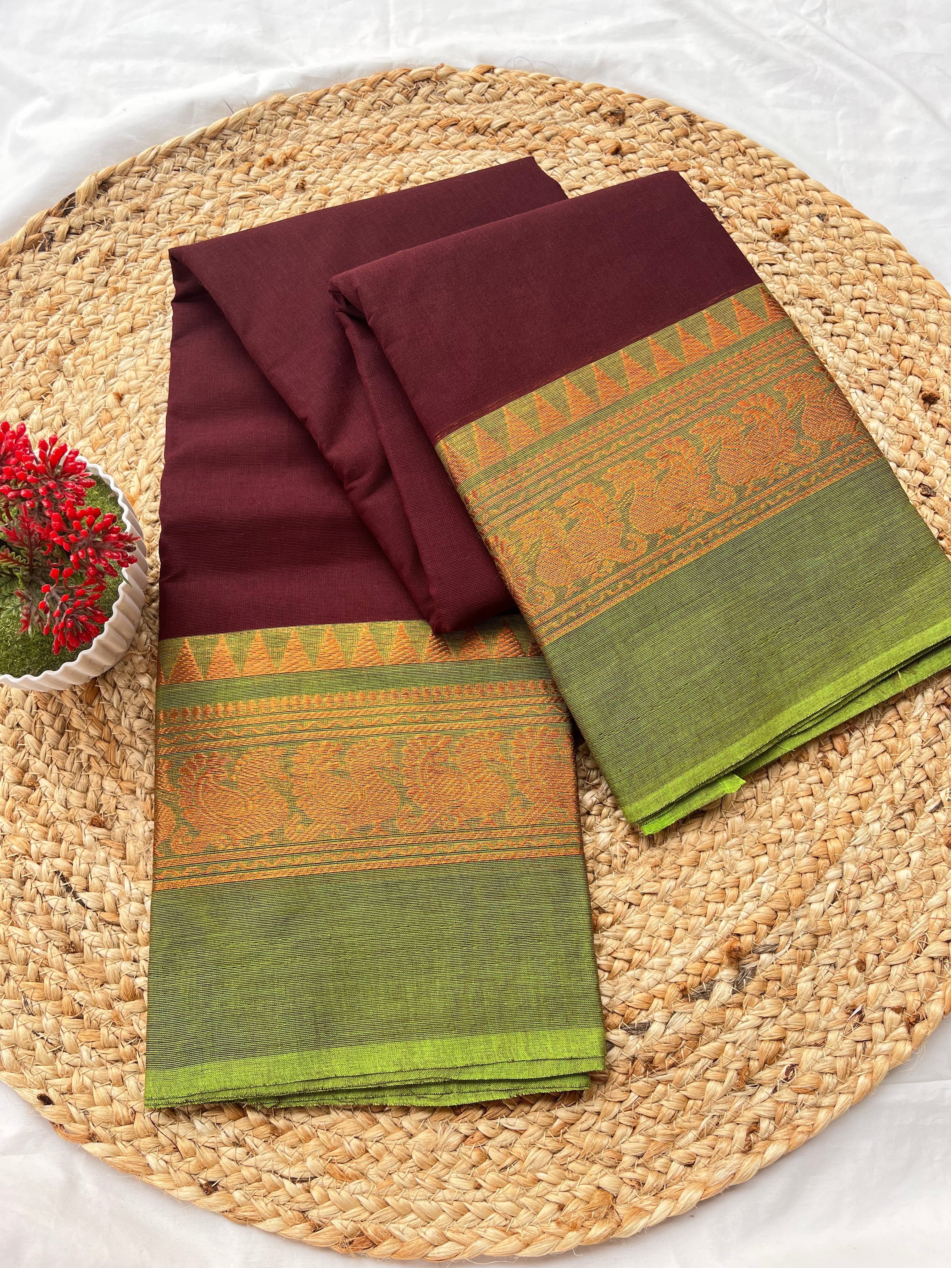 Chettinad cotton coffee brown & green-Plain