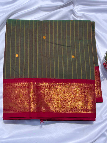 Chettinad cotton green & red _ strips butta saree