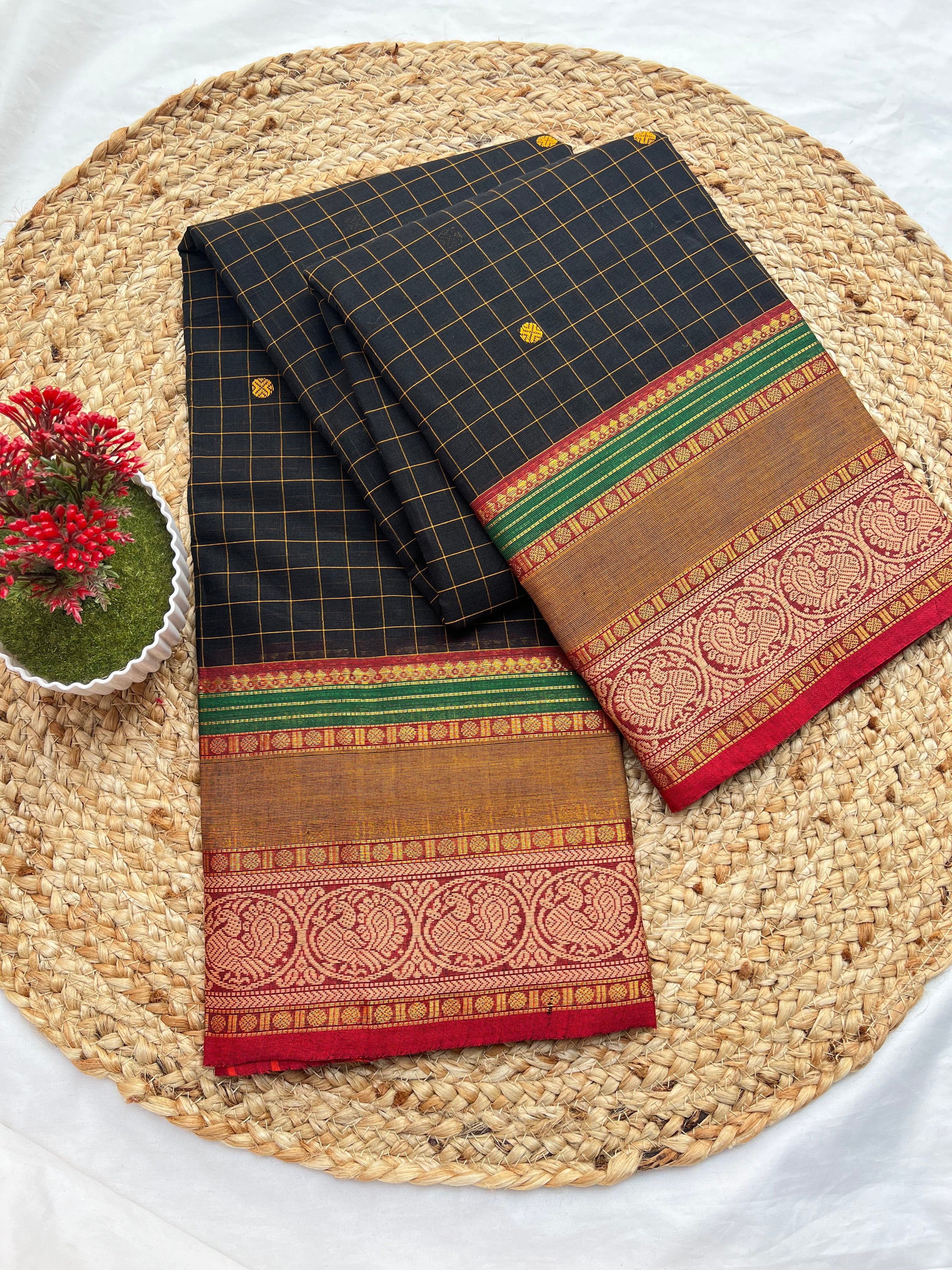 Chettinad cotton Black & green red-checks butta