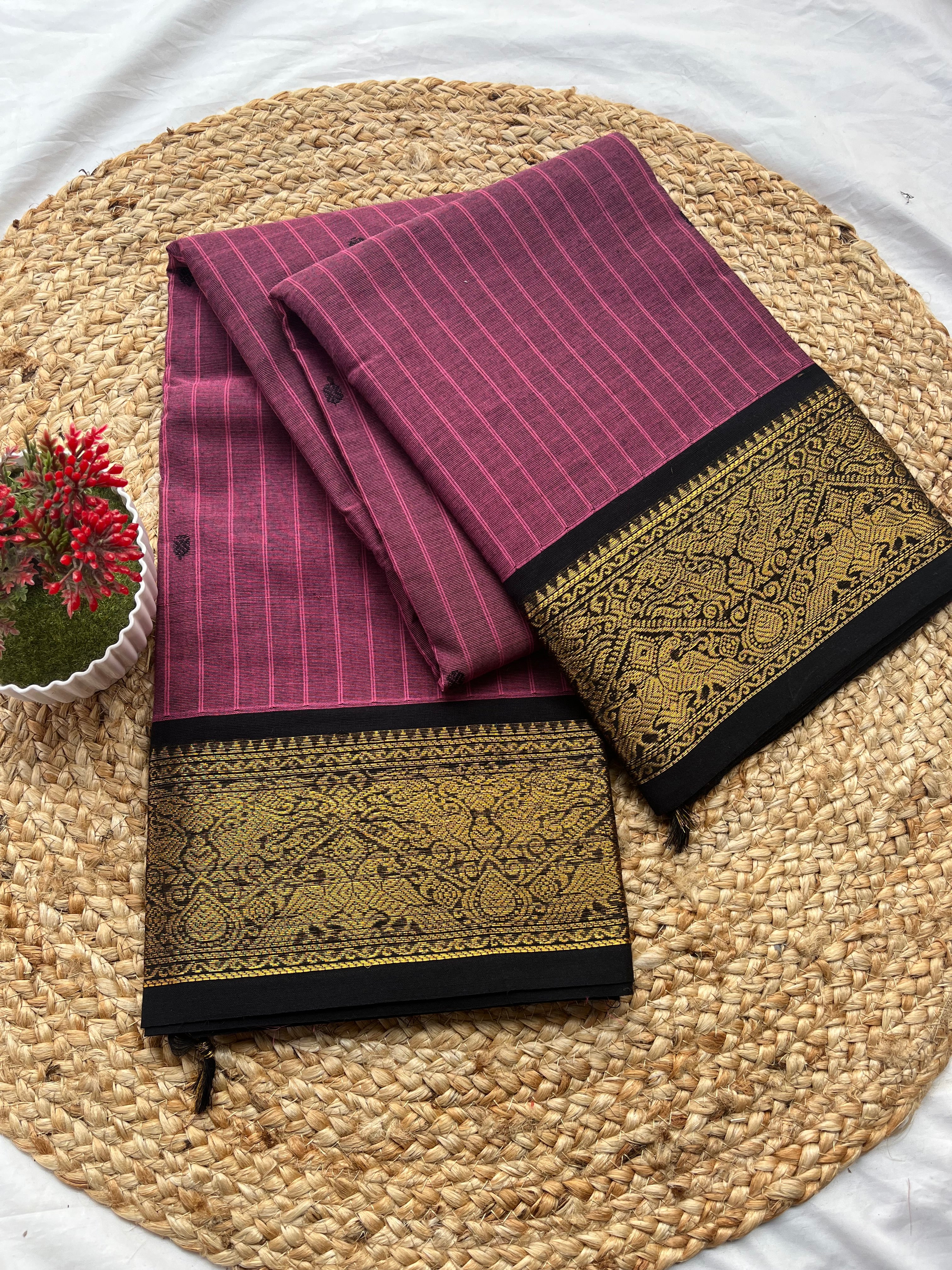 Chettinad cotton onion pink & black-strips butta