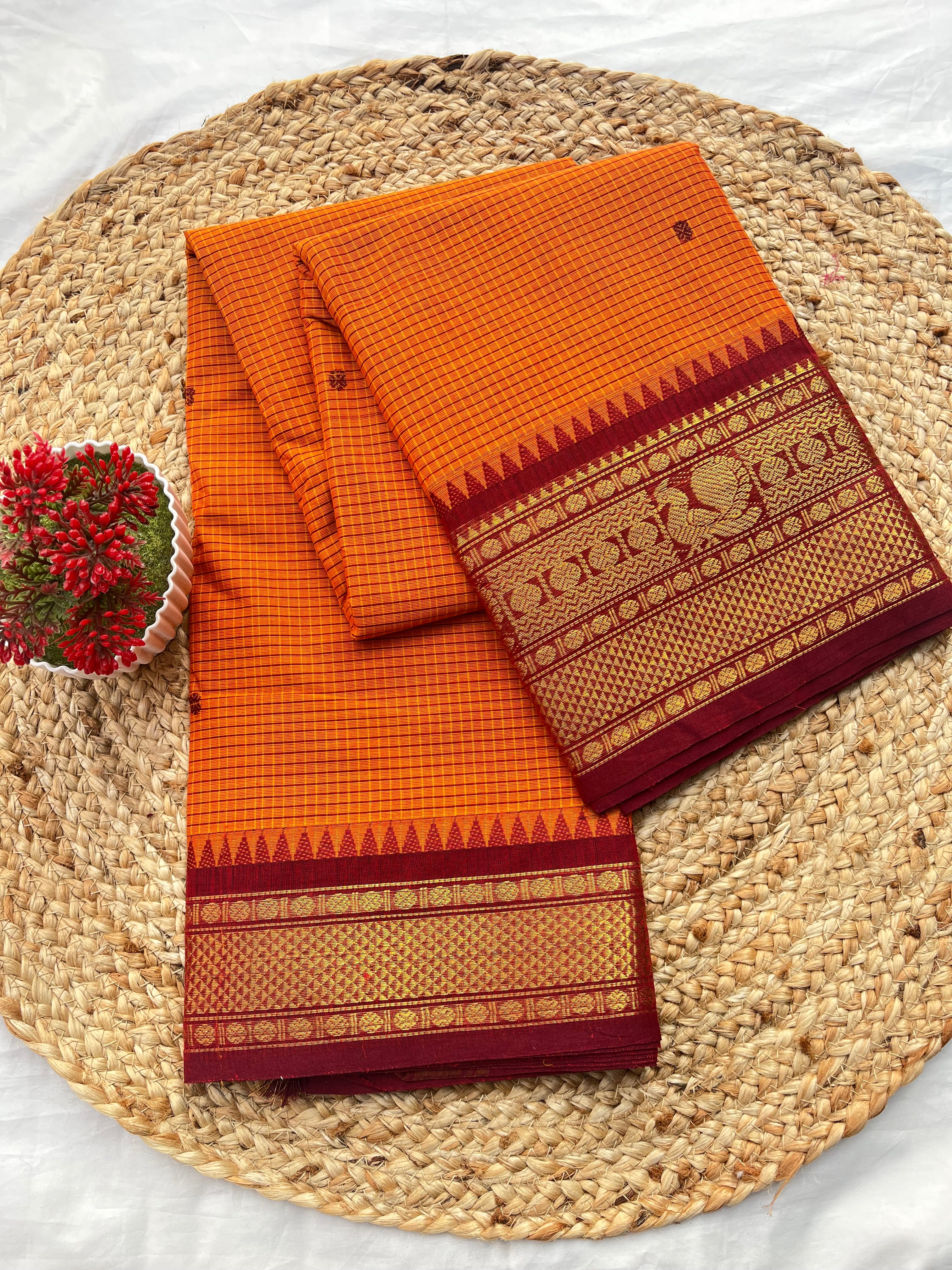 Chettinad cotton Orange & maroon-Checks butta