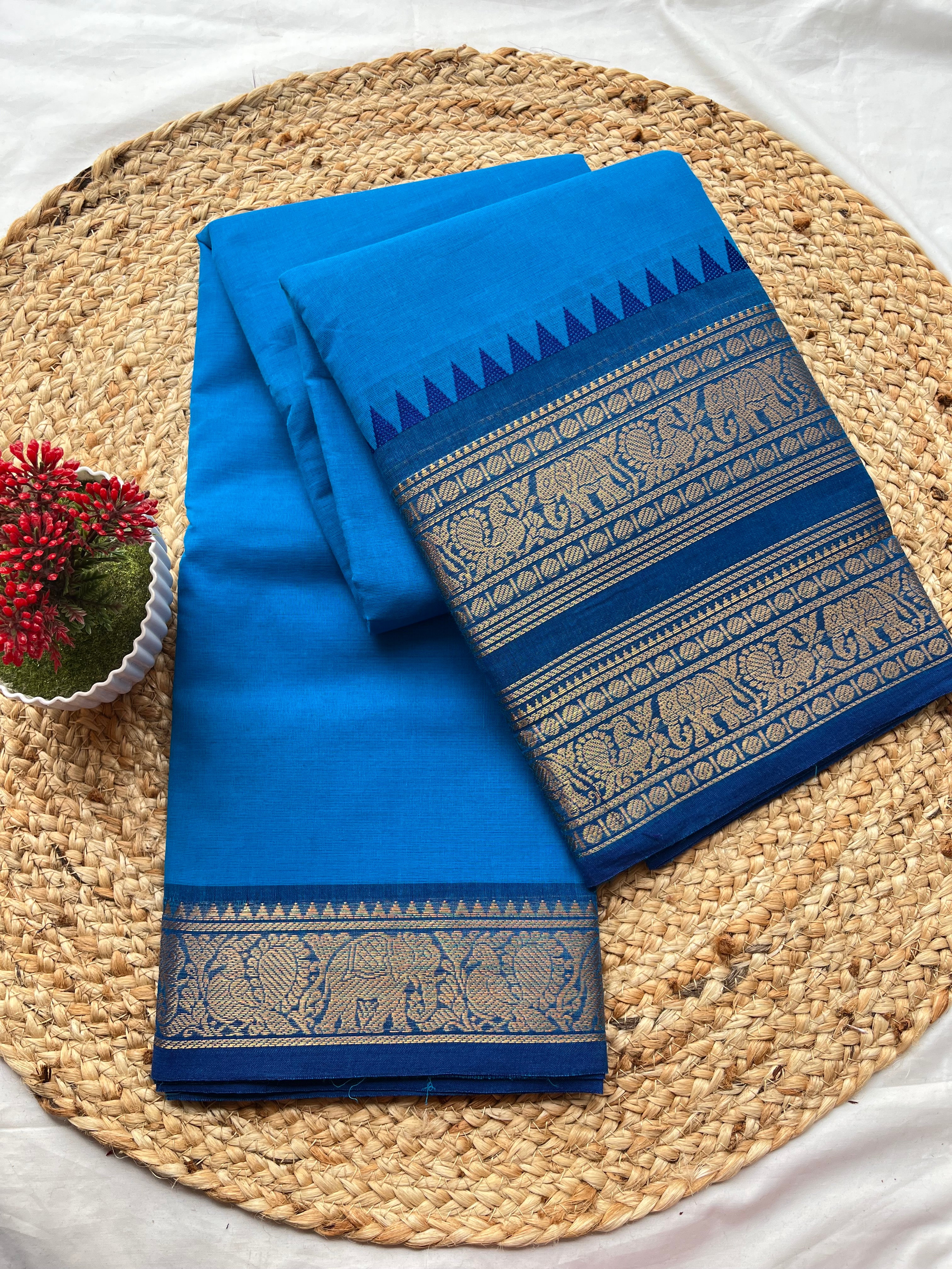 Chettinad cotton self blue-Double border Plain