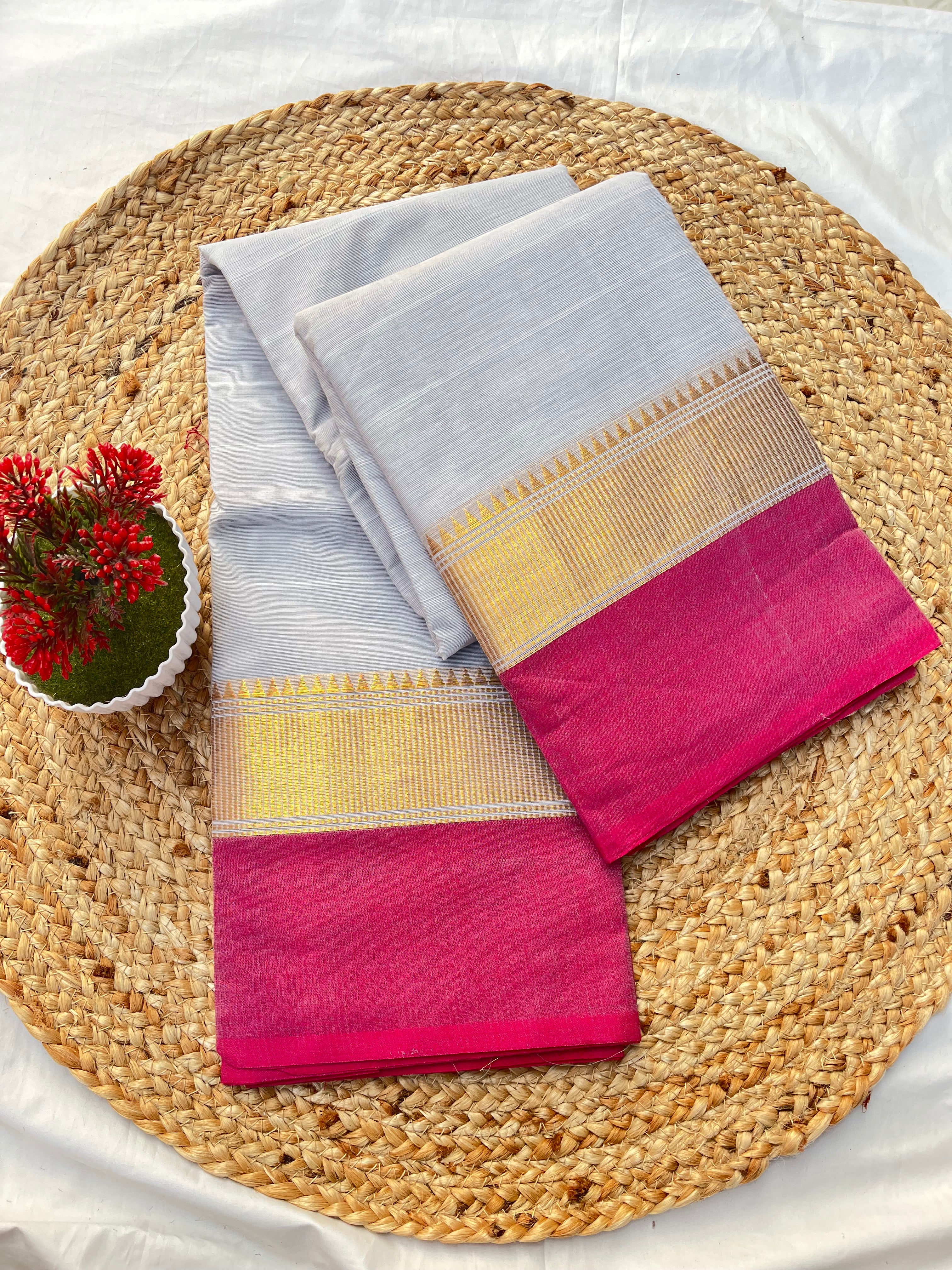 Chettinad cotton white & pink-Plain offer