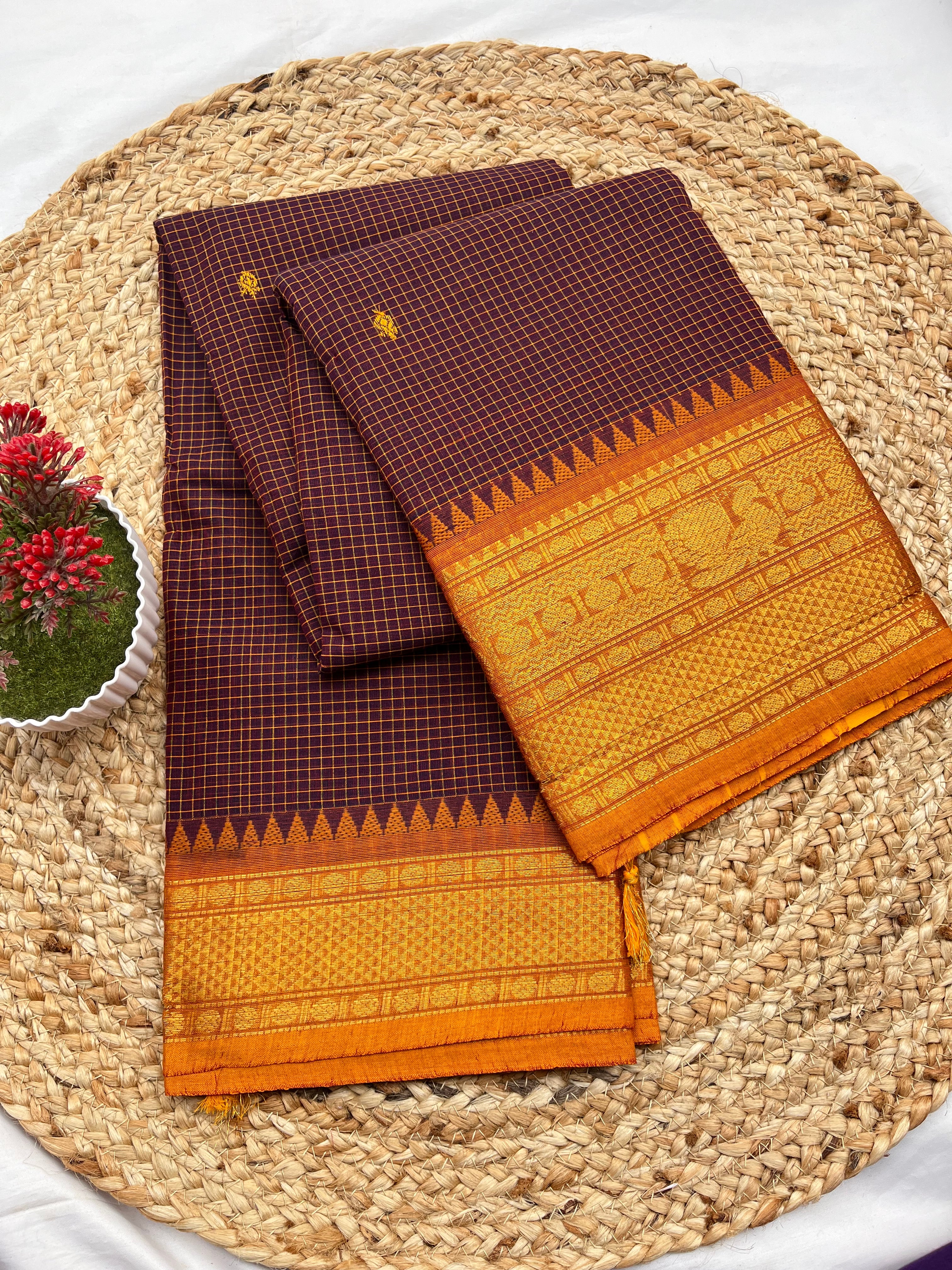 Chettinad cotton maroon & orange-checks butta