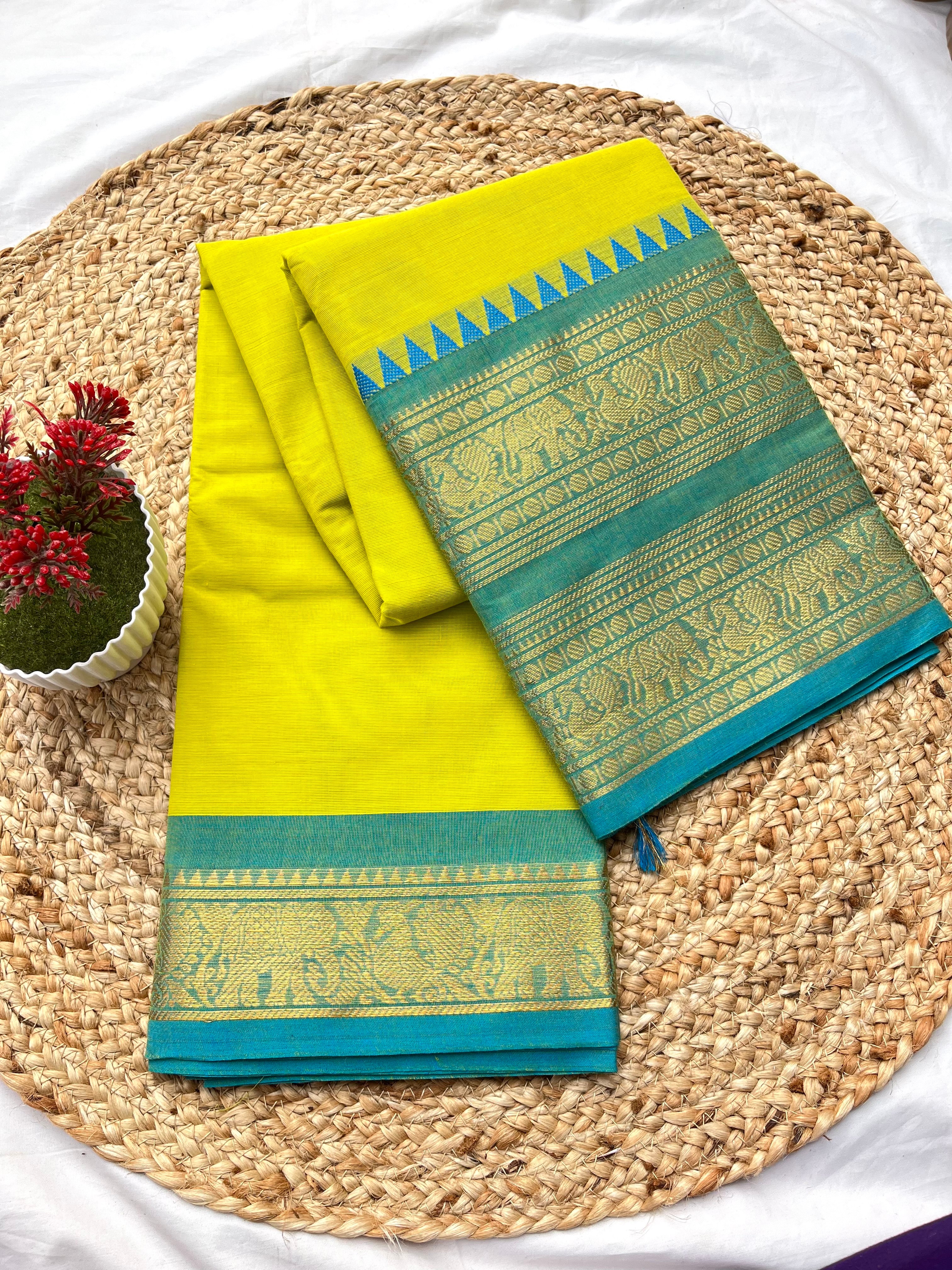Chettinad cotton lemon yellow & blue -double border