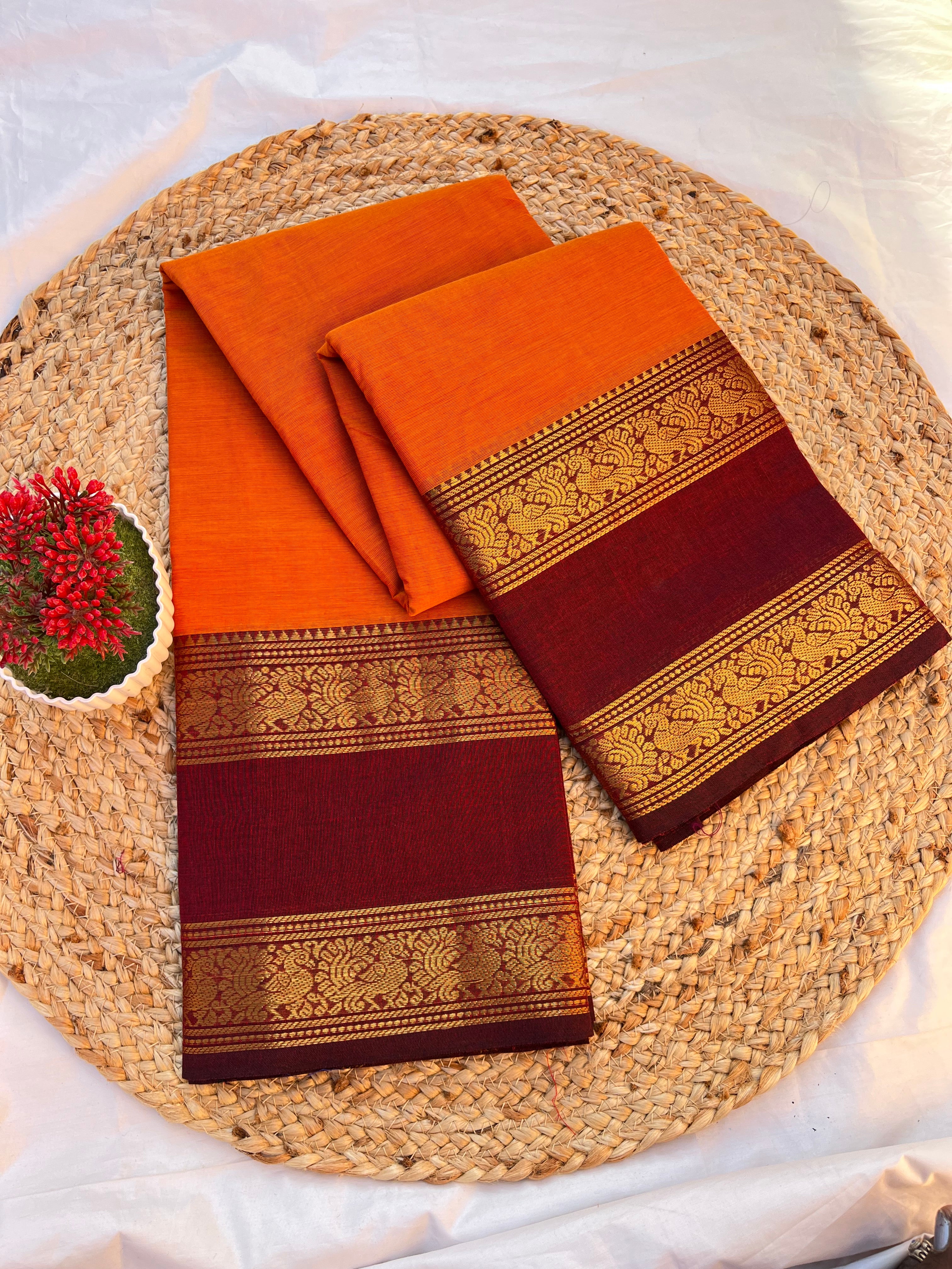 Chettinad cotton Orange & maroon—gab Plain