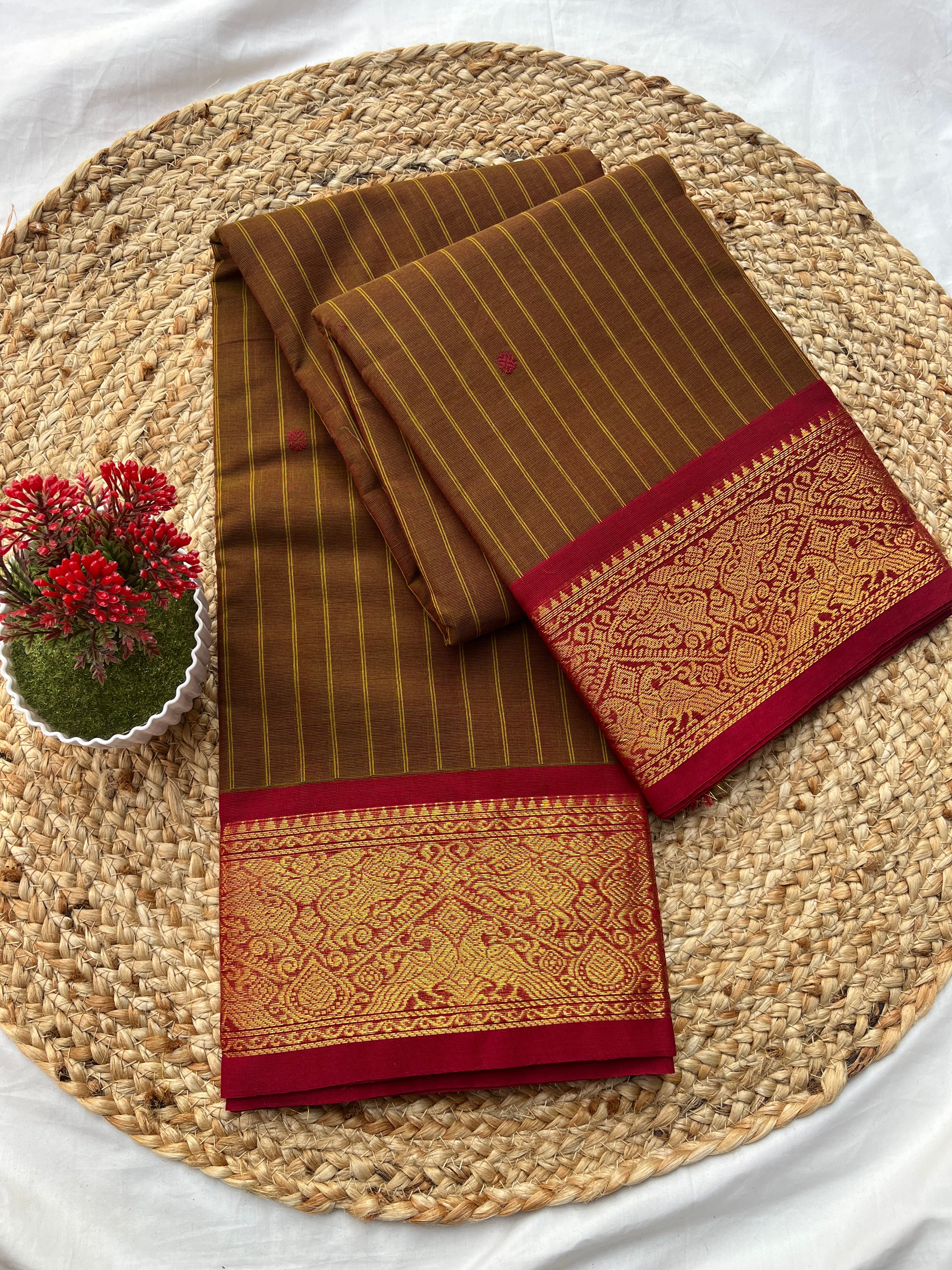 Chettinad cotton brown & red-strips butta