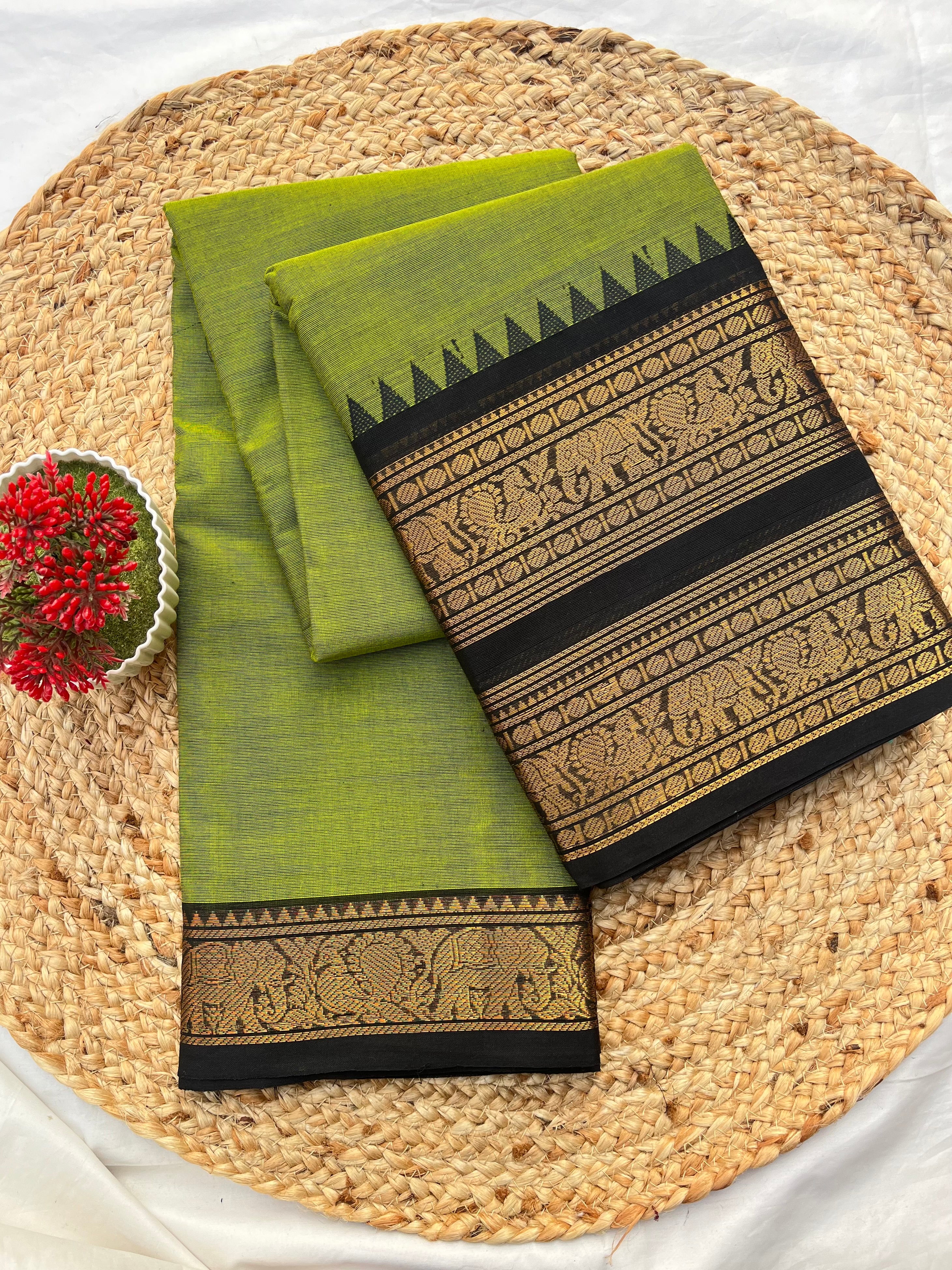 Chettinad cotton green & Black-double Plain