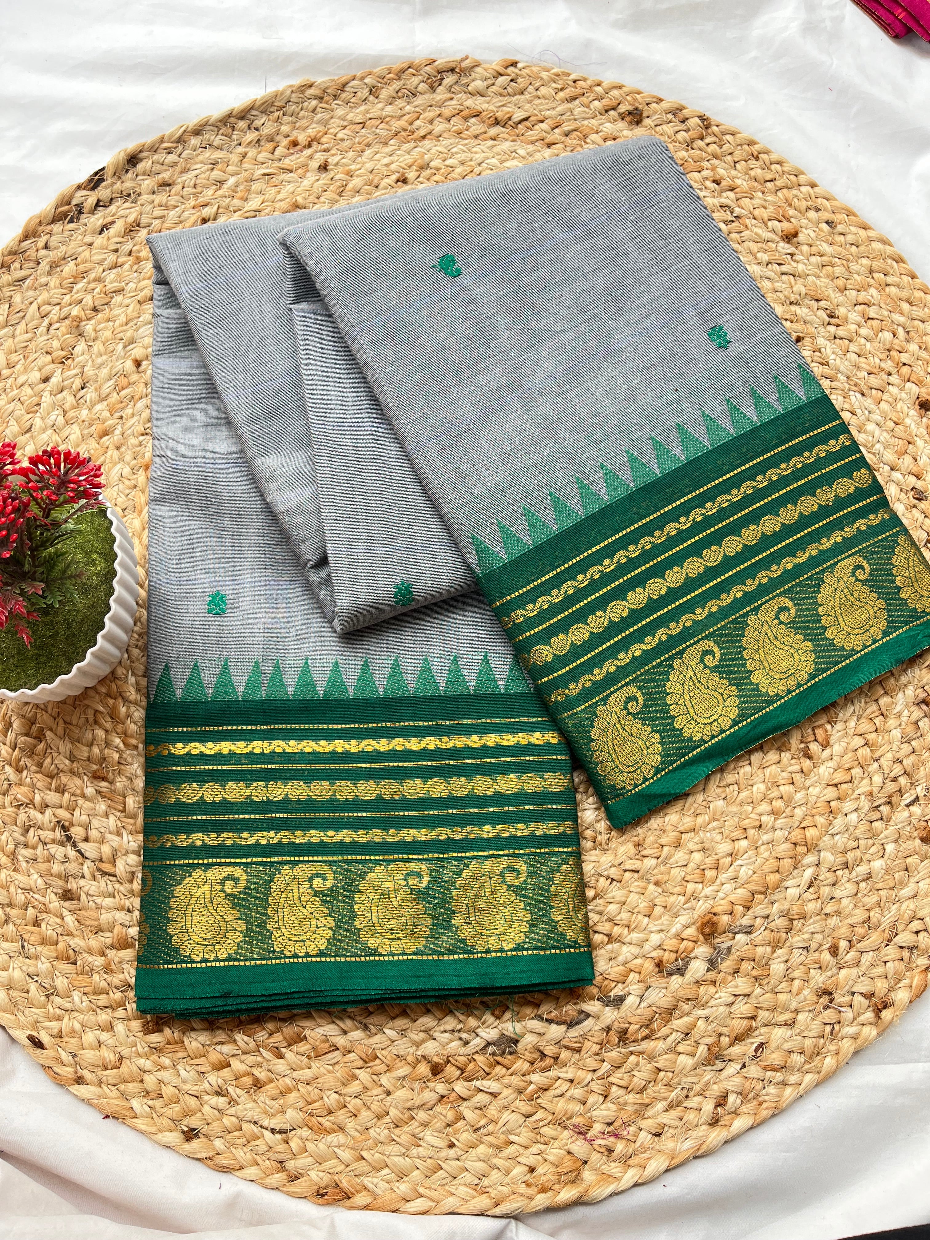 Chettinad cotton ash & bottle green-butta