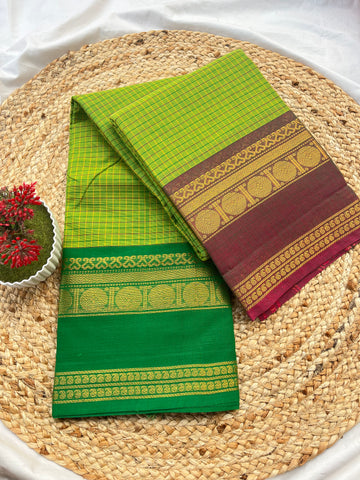 Chettinad cotton parrot green Ganga Jamuna-korvai checks