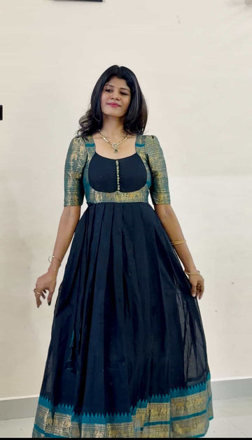 Chettinadu long Gown With Dupatta-Black and Teal Blue
