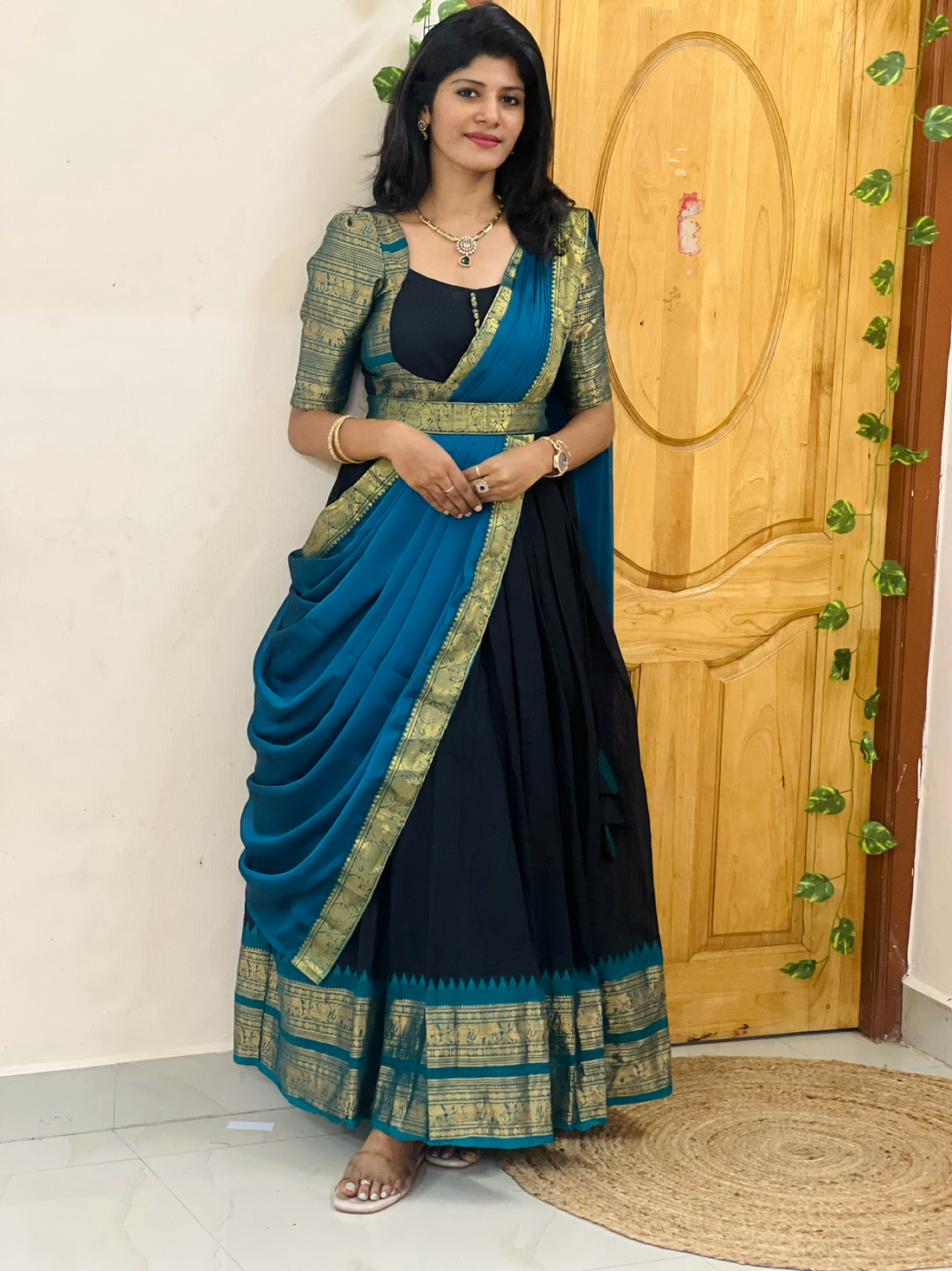 Chettinadu long Gown With Dupatta-Black and Teal Blue