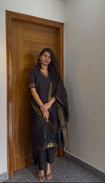 Mangalagiri 3 piece Kurti Set- Fully Stitched Black