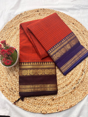Chettinad cotton maroon Ganga Jamuna-korvai checks
