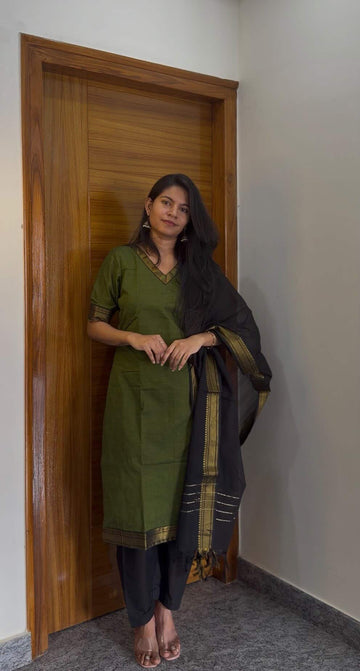 Mangalagiri 3 piece Kurti Set- Fully Stitched Bottle Green